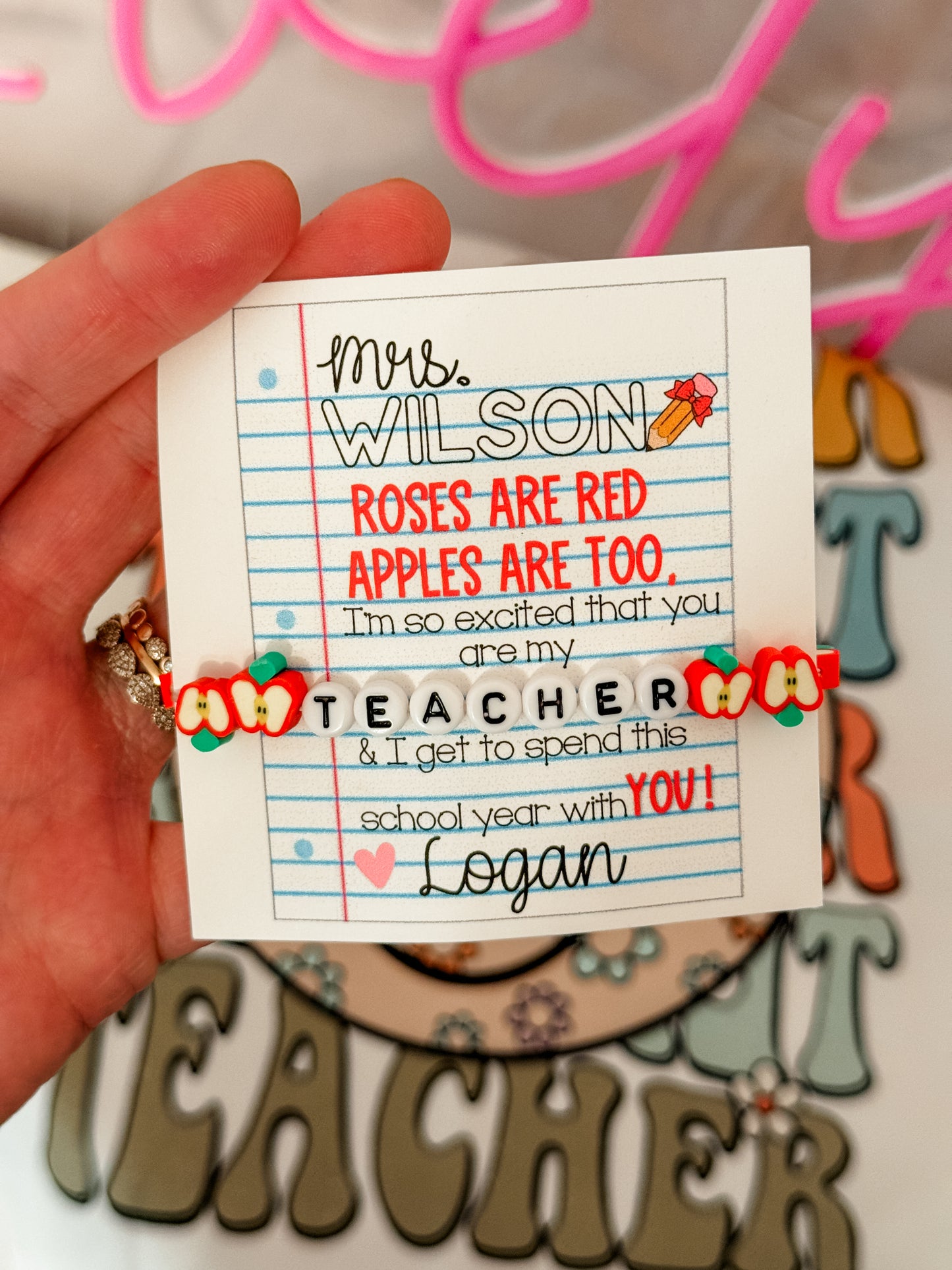 Roses are Red Apples are too! Apple Teacher Back to school gift! Bracelet, Card, box & ribbon included!