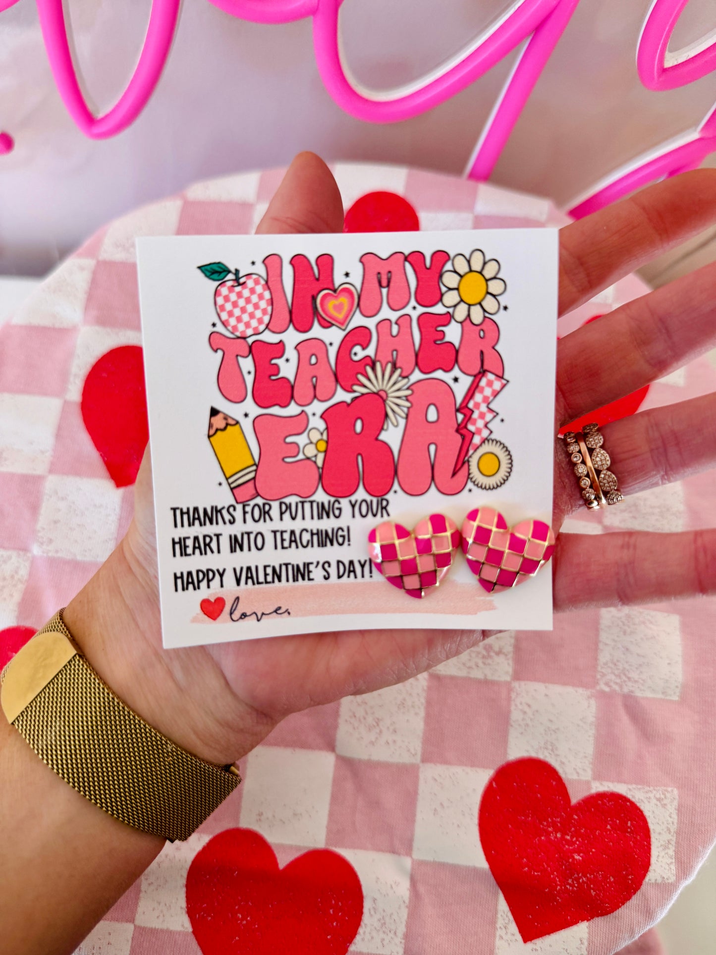 In My Teacher Era Valentine's Day gift, Valentine's day Pink checkered heart studs, teacher gift, personalized card, box & ribbon!