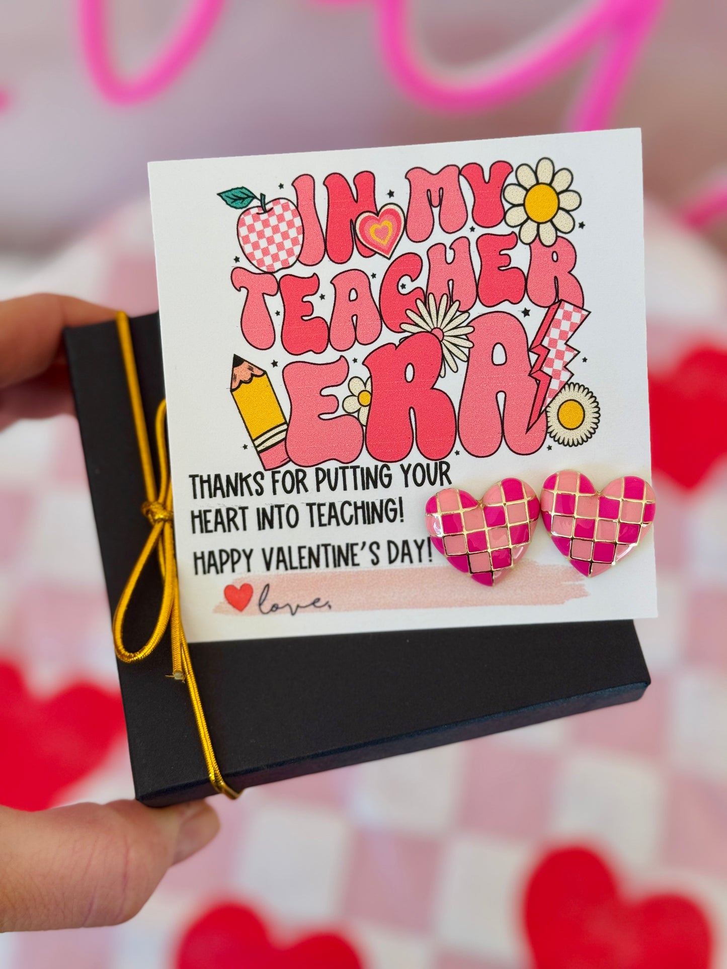 In My Teacher Era Valentine's Day gift, Valentine's day Pink checkered heart studs, teacher gift, personalized card, box & ribbon!