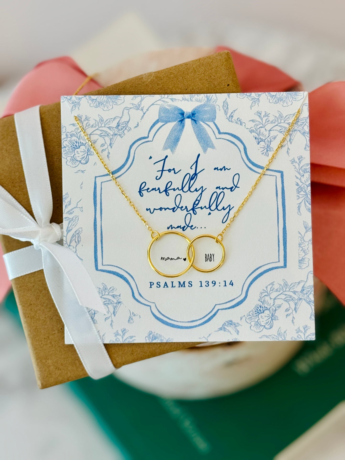 For I am Fearfully & Wonderfully Made, New Mom Infinity Necklace- Non-Tarnish! Pink, Blue or Grey card option!