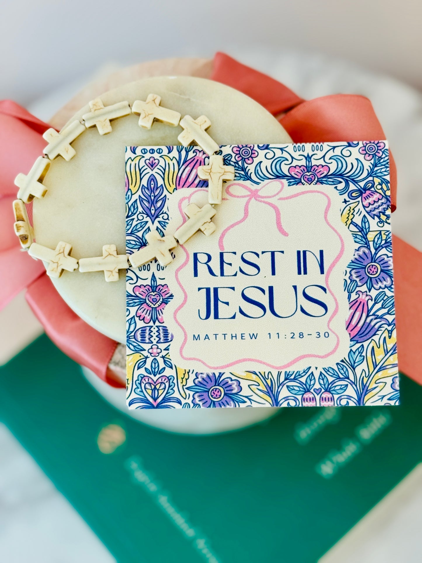 Rest in Jesus marble stone cross bracelet, card, box & ribbon included!