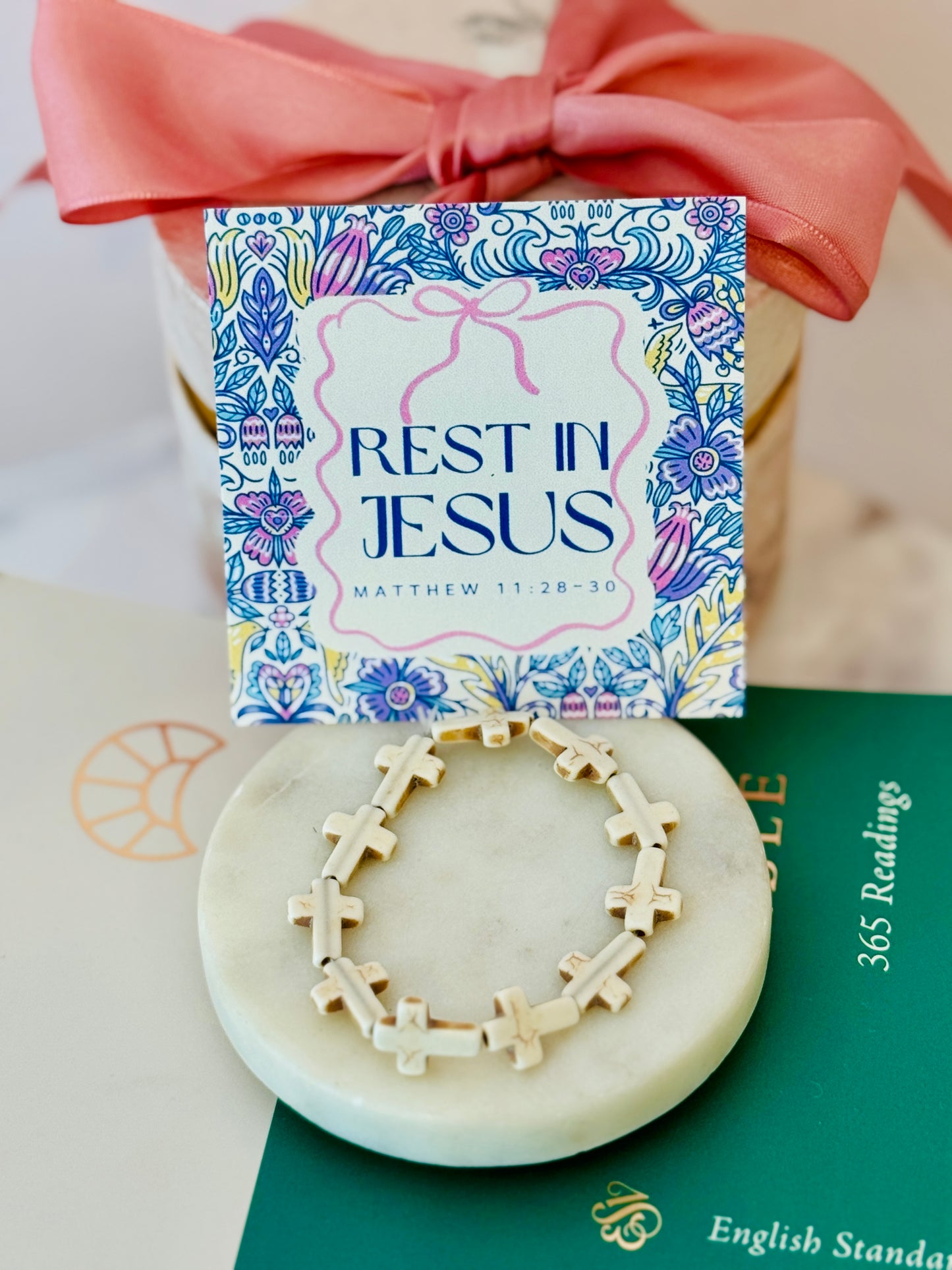 Rest in Jesus marble stone cross bracelet, card, box & ribbon included!