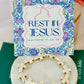 Rest in Jesus marble stone cross bracelet, card, box & ribbon included!