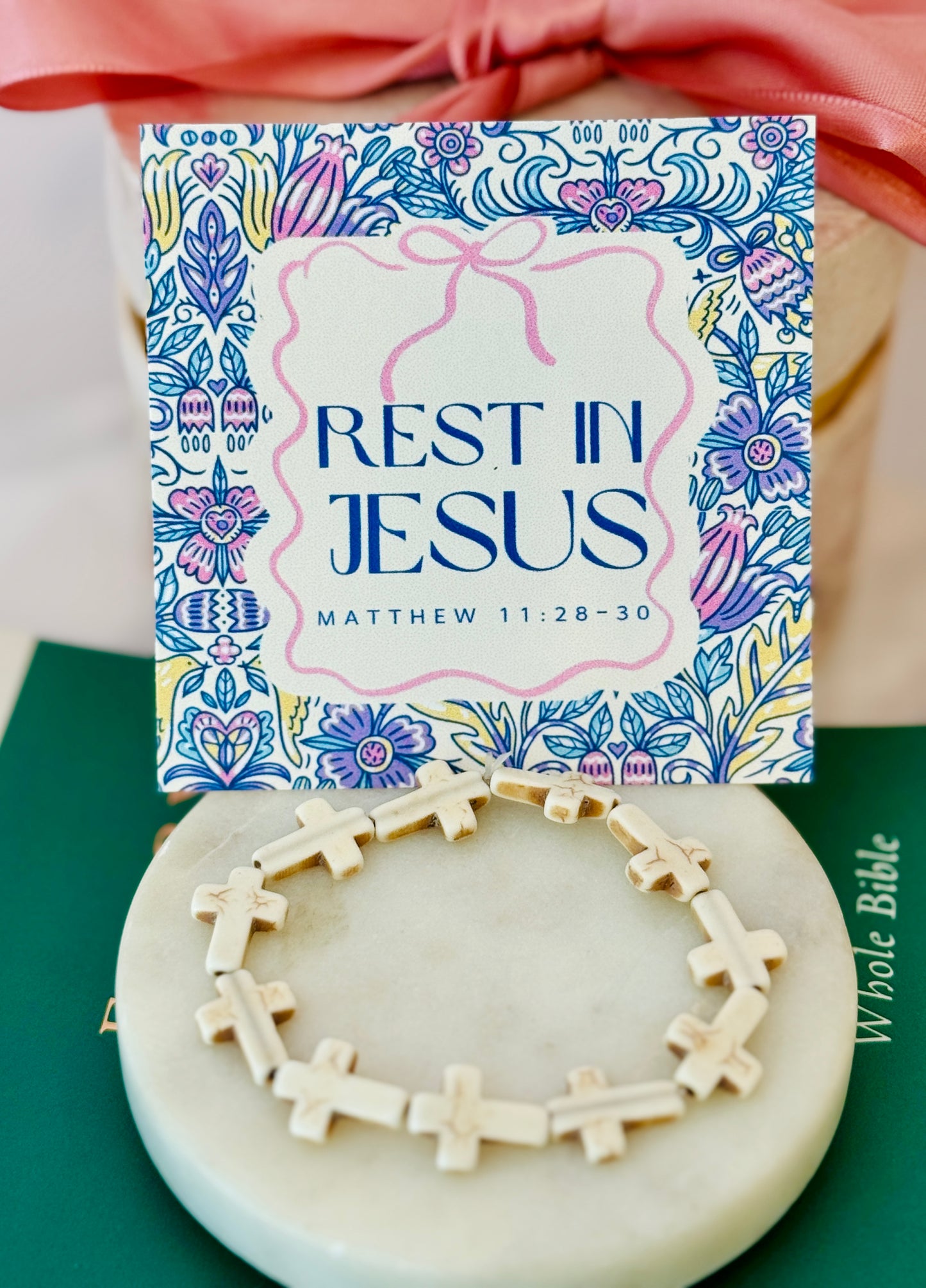 Rest in Jesus marble stone cross bracelet, card, box & ribbon included!