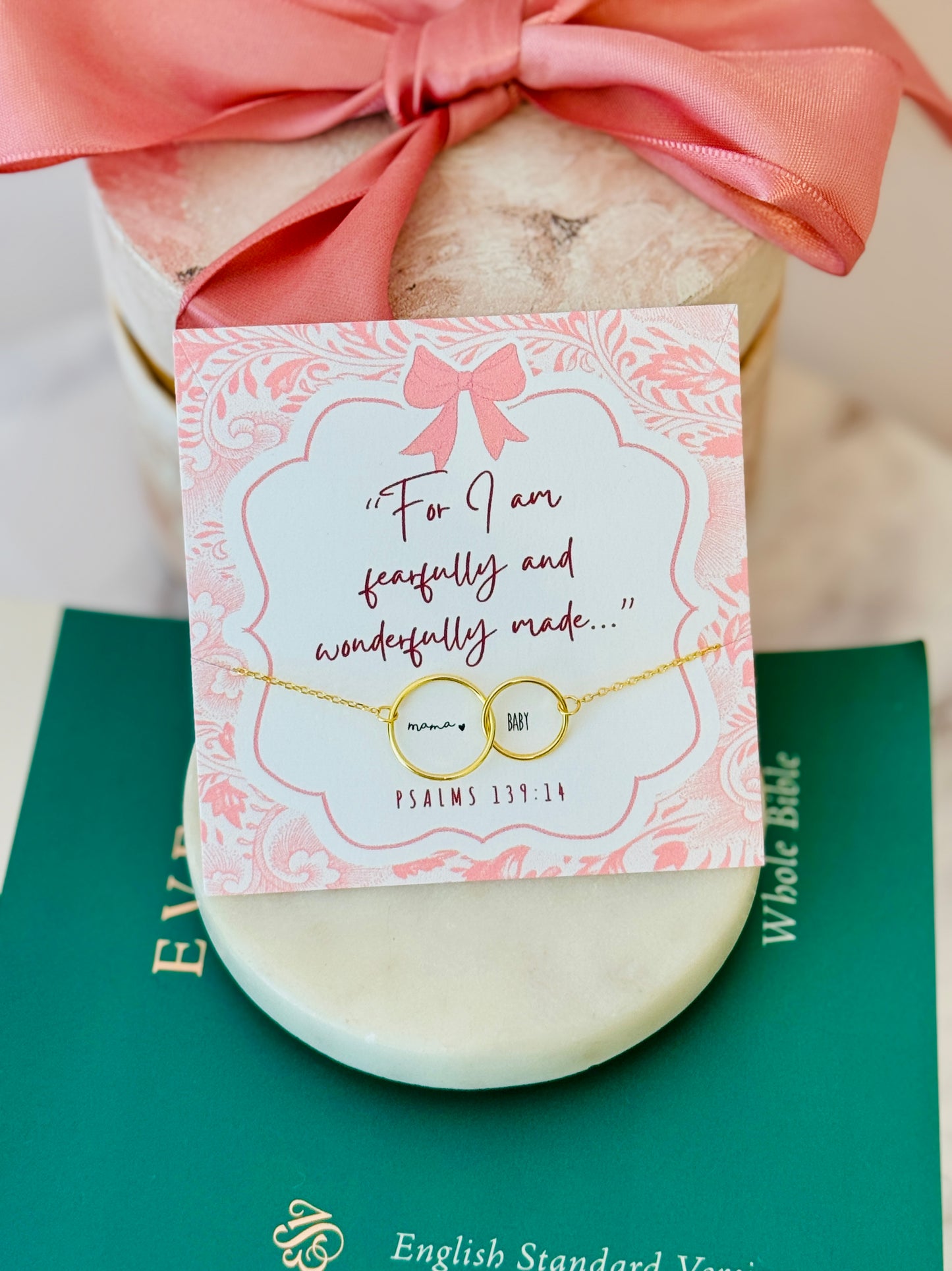 Pink! For I am Fearfully & Wonderfully Made, New Mom Infinity Necklace- Non-Tarnish!