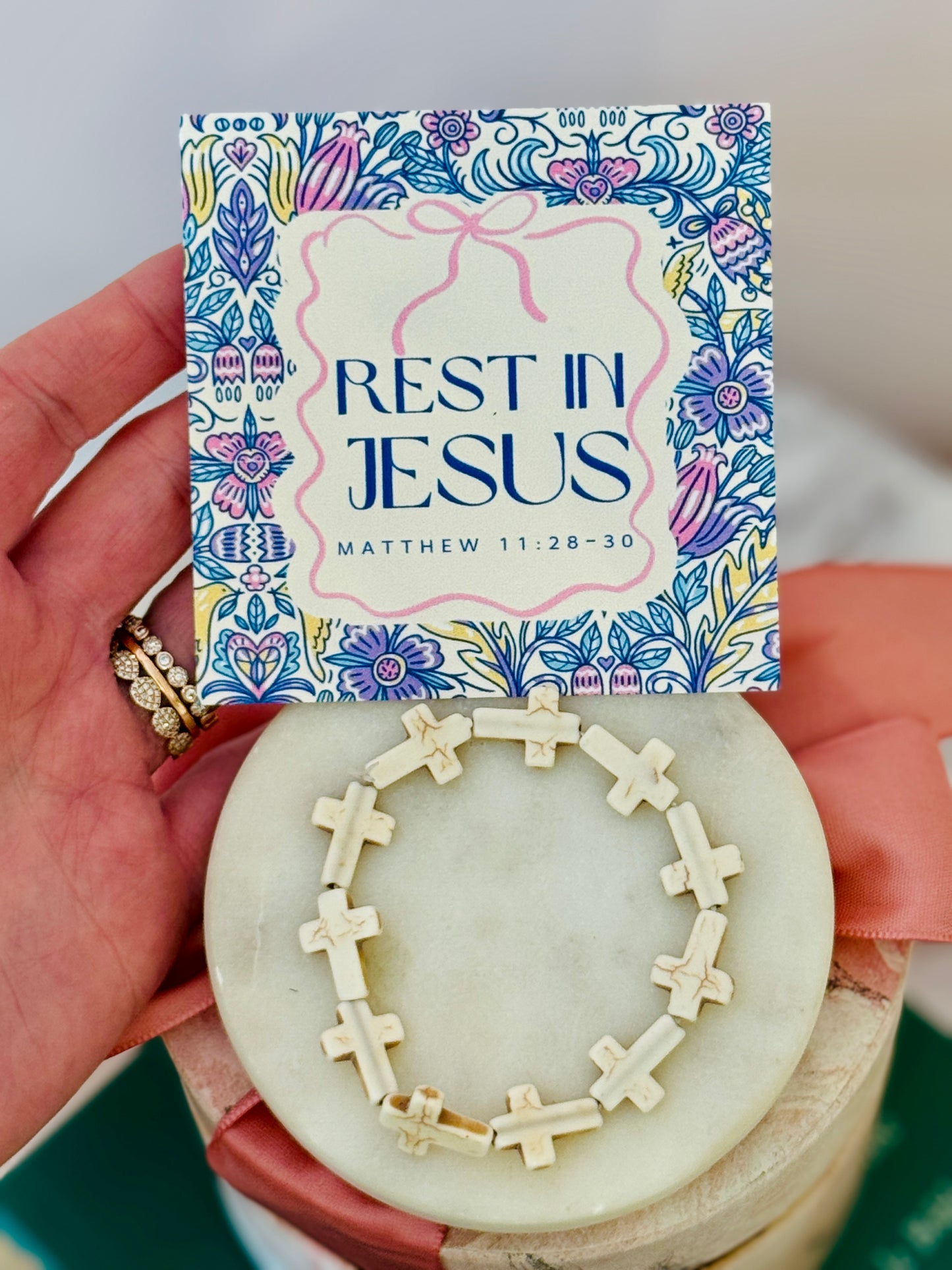 Rest in Jesus marble stone cross bracelet, card, box & ribbon included!