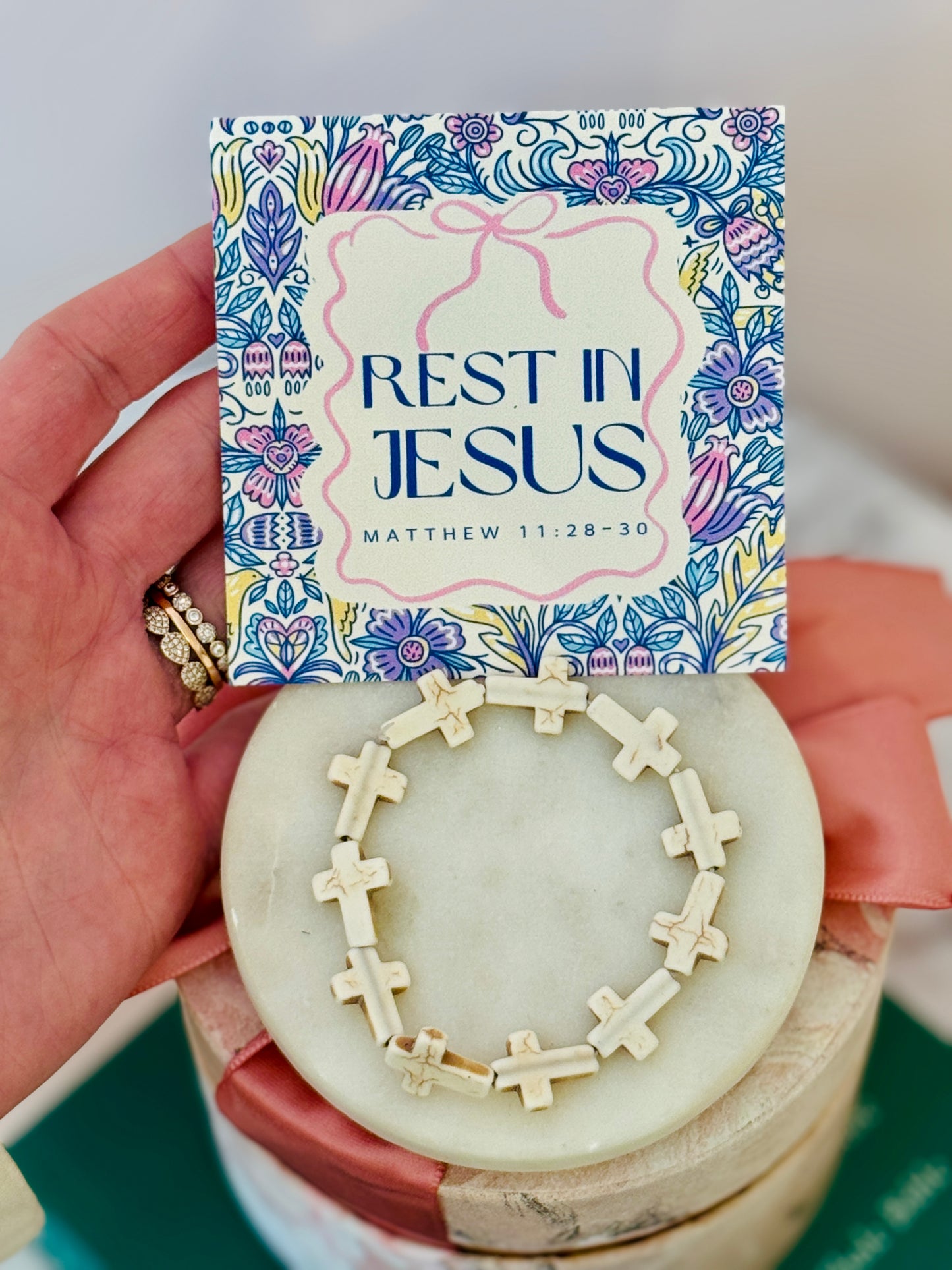 Rest in Jesus marble stone cross bracelet, card, box & ribbon included!