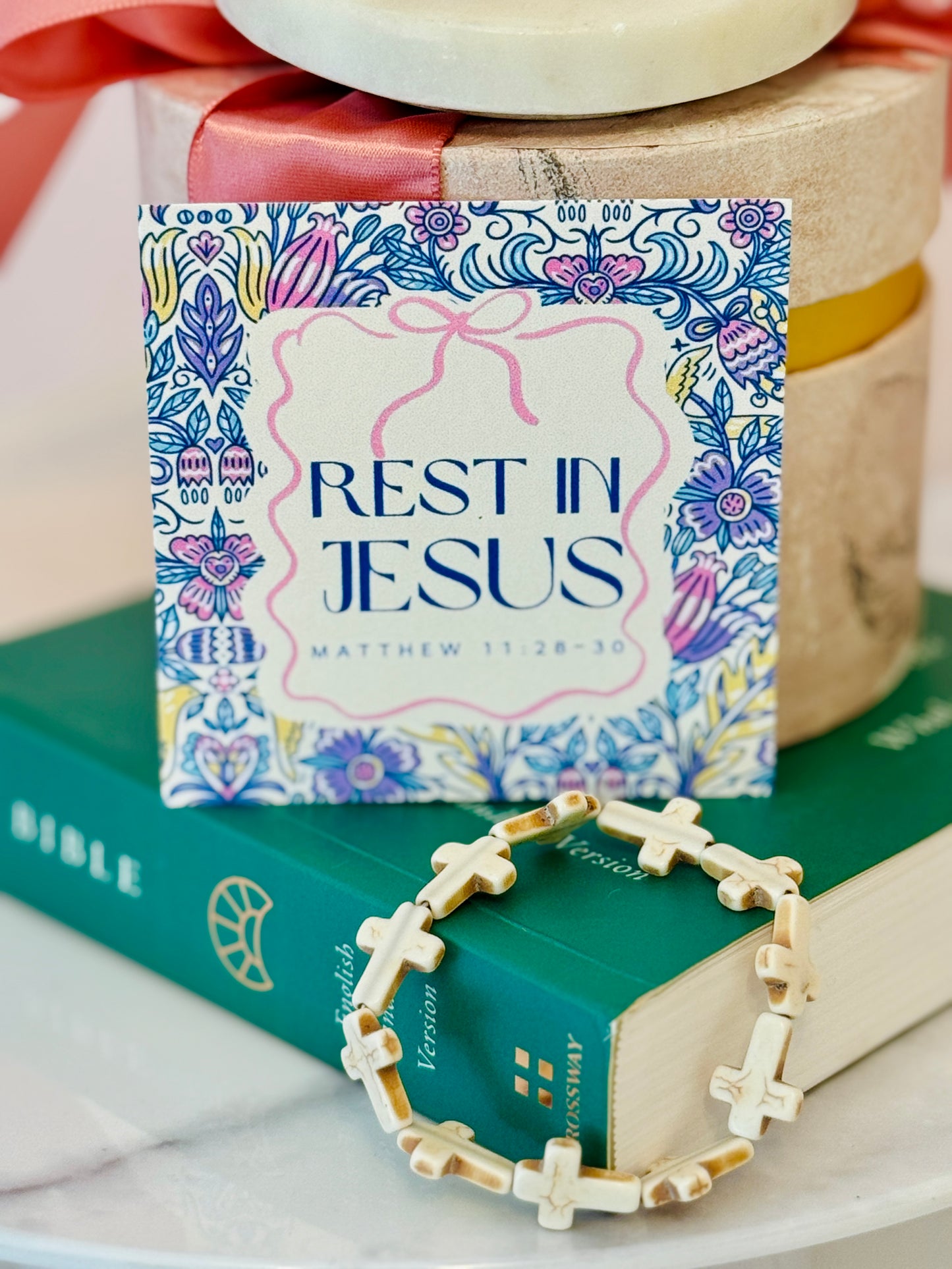 Rest in Jesus marble stone cross bracelet, card, box & ribbon included!