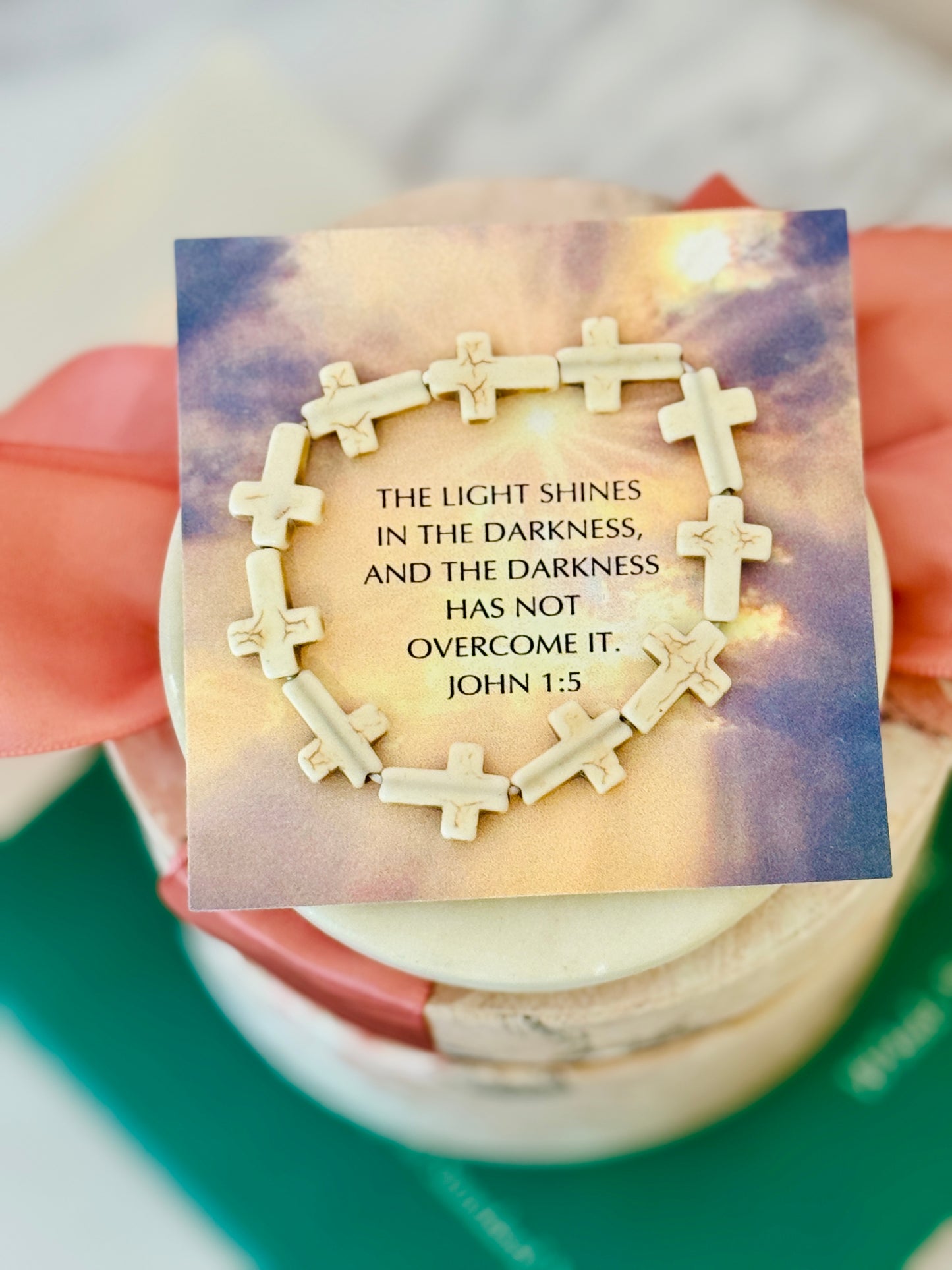 The Light Shines in the Darkness, Marble Cross bracelet, box & ribbon included!