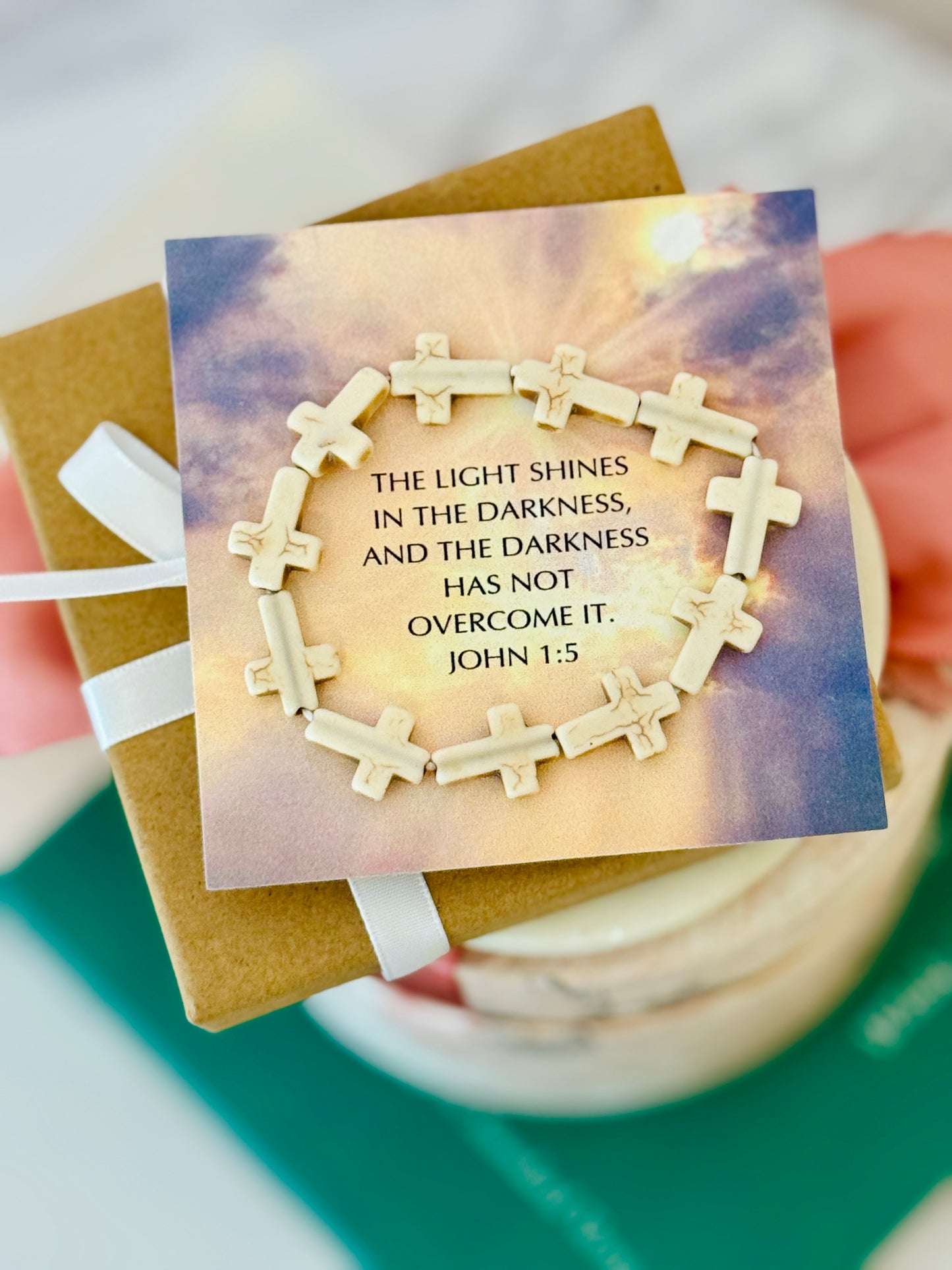The Light Shines in the Darkness, Marble Cross bracelet, box & ribbon included!