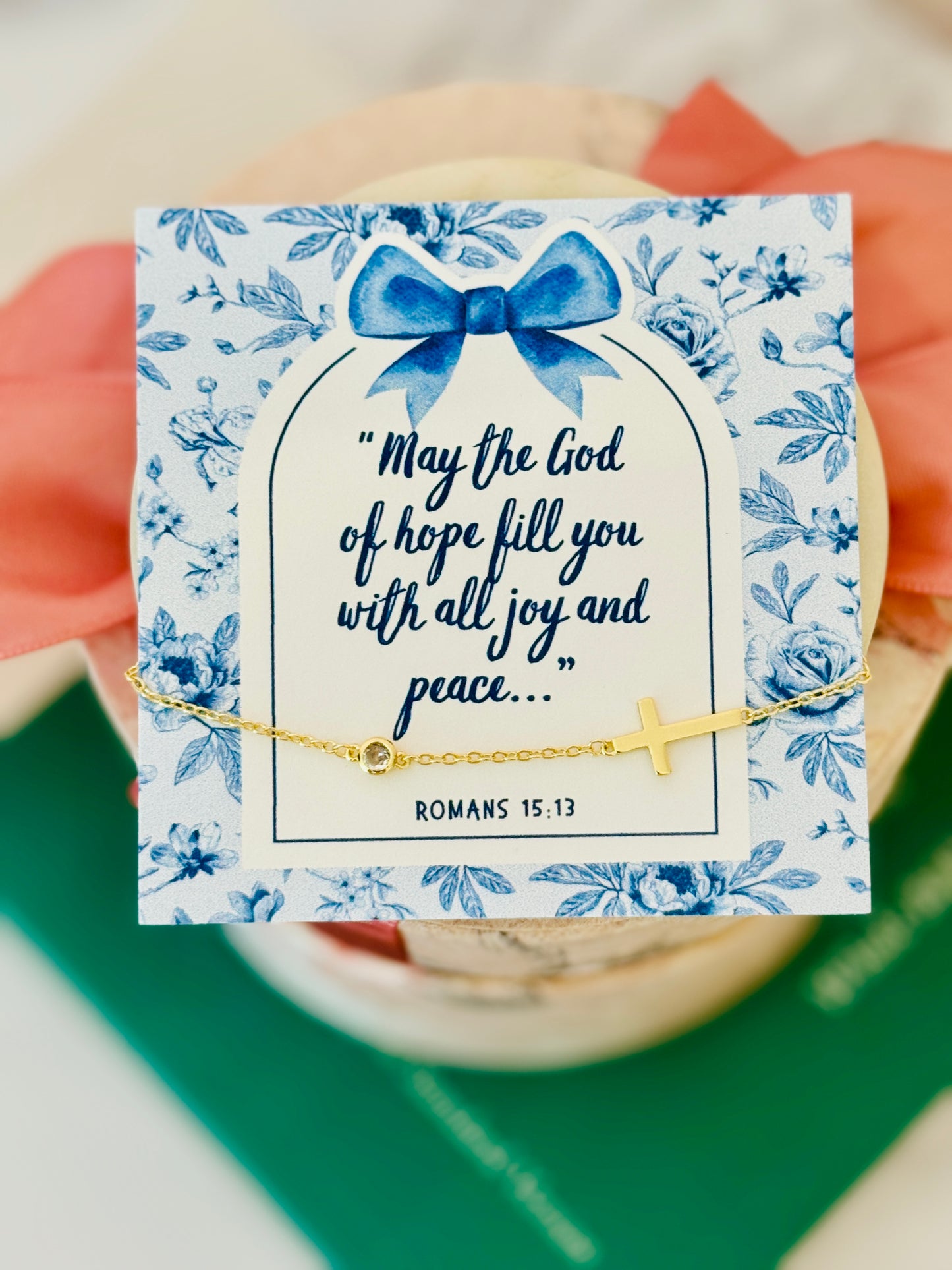 May the God of Hope fill you with all joy & peace, Gold Cross Bracelet, Non-Tarnish, Box & ribbon included!
