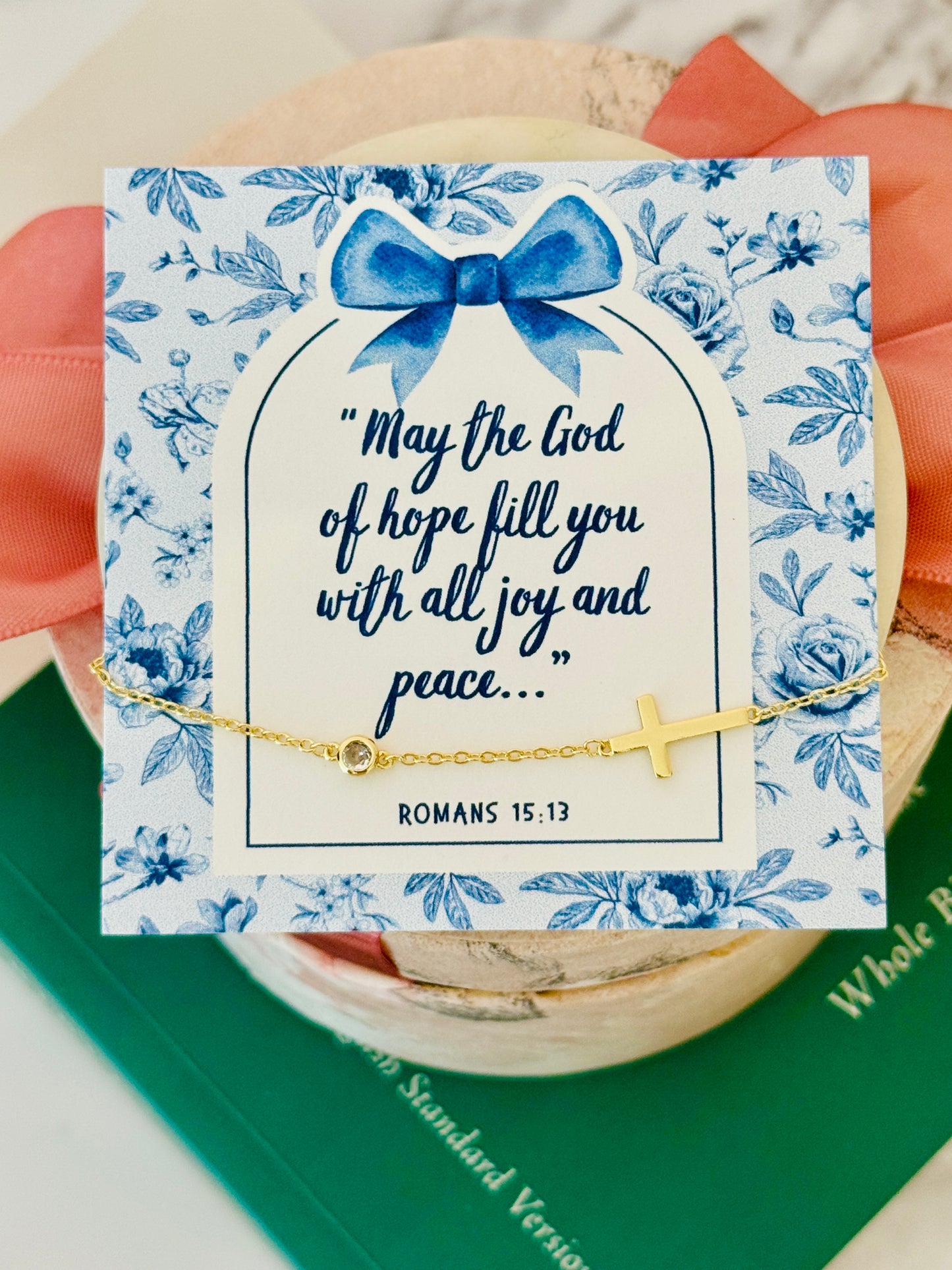 May the God of Hope fill you with all joy & peace, Gold Cross Bracelet, Non-Tarnish, Box & ribbon included!