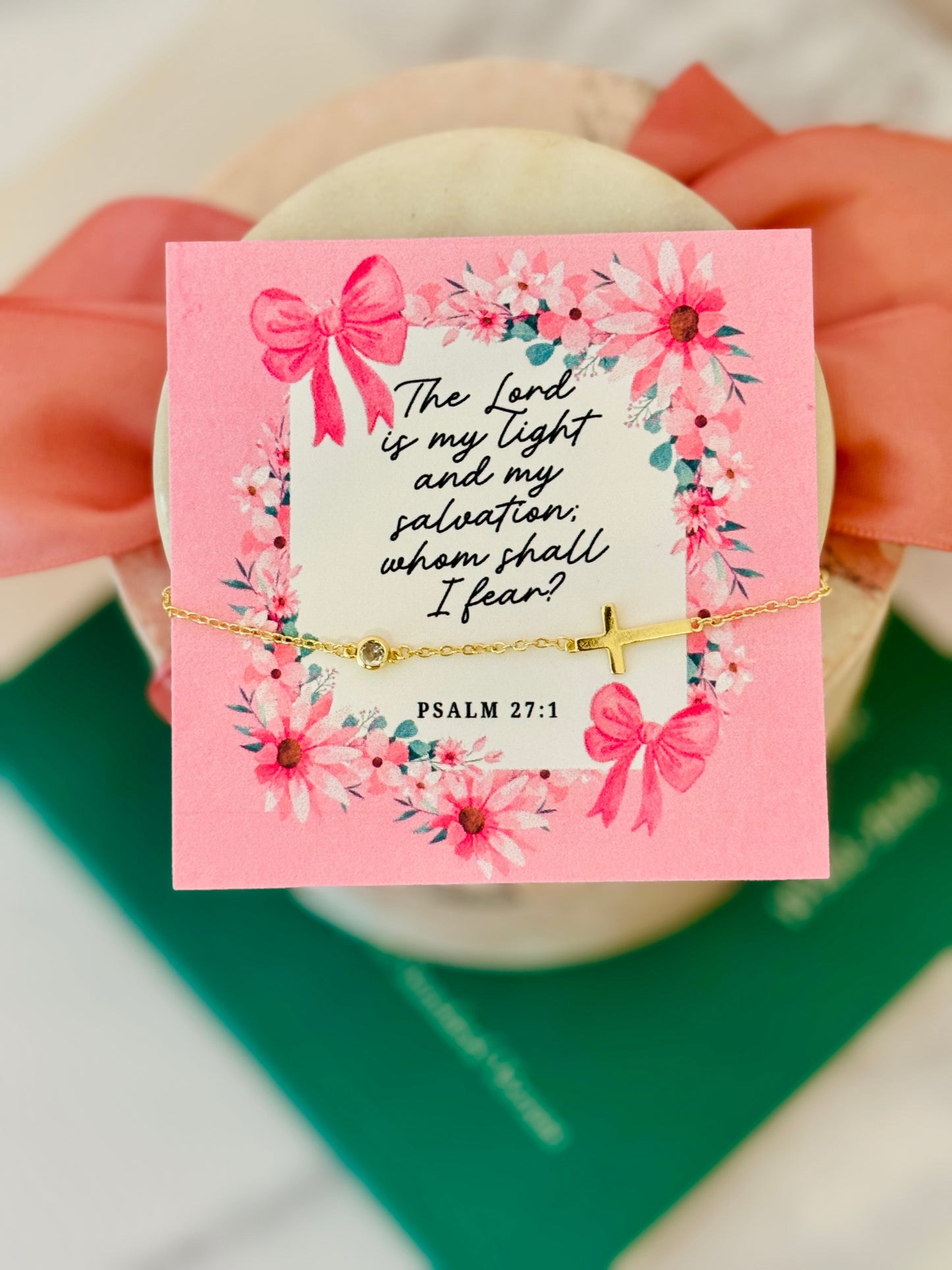 The Lord is my Light & Salvation, gold cross bracelet, non-tarnish, box & ribbon included!