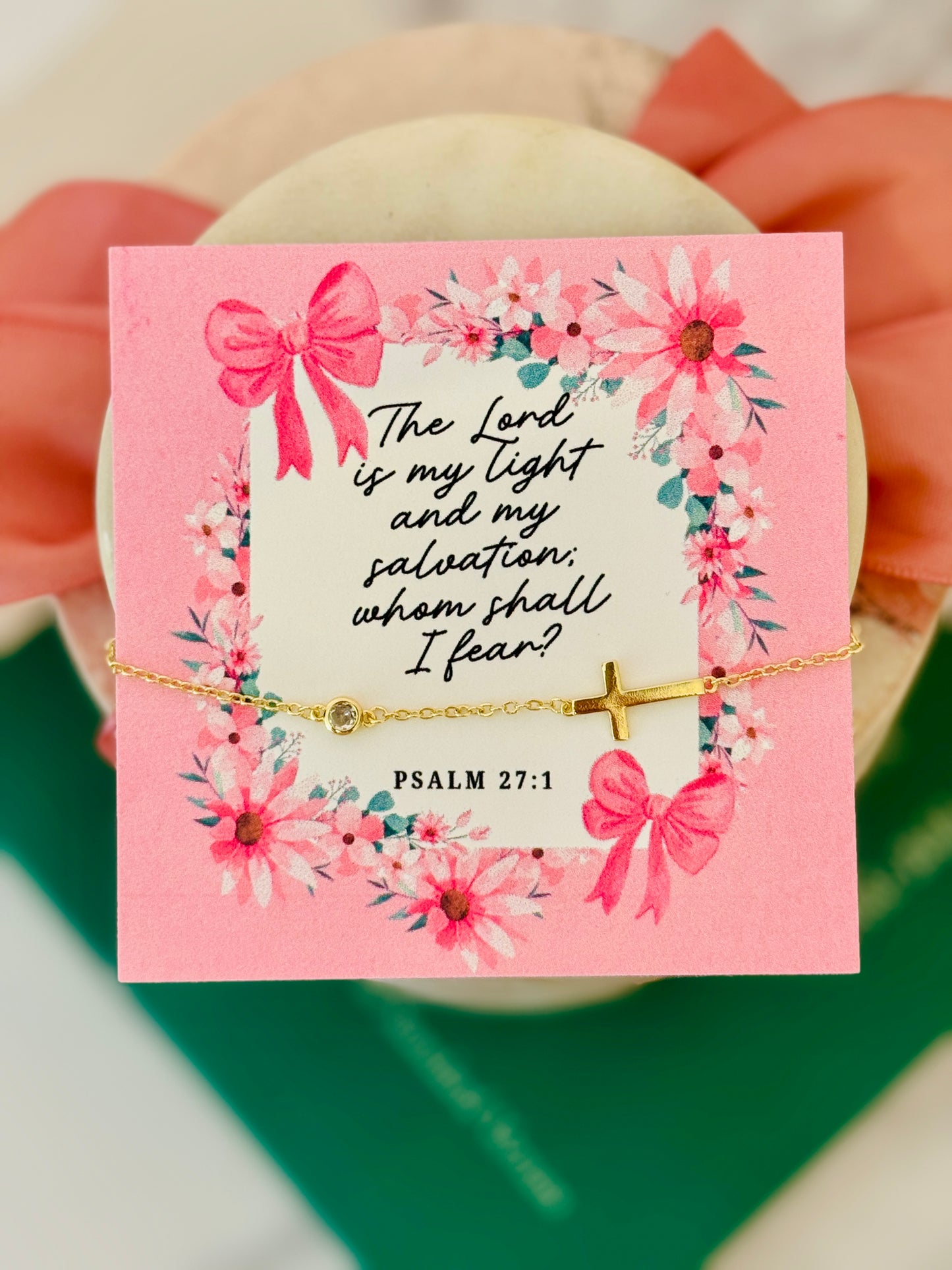 The Lord is my Light & Salvation, gold cross bracelet, non-tarnish, box & ribbon included!