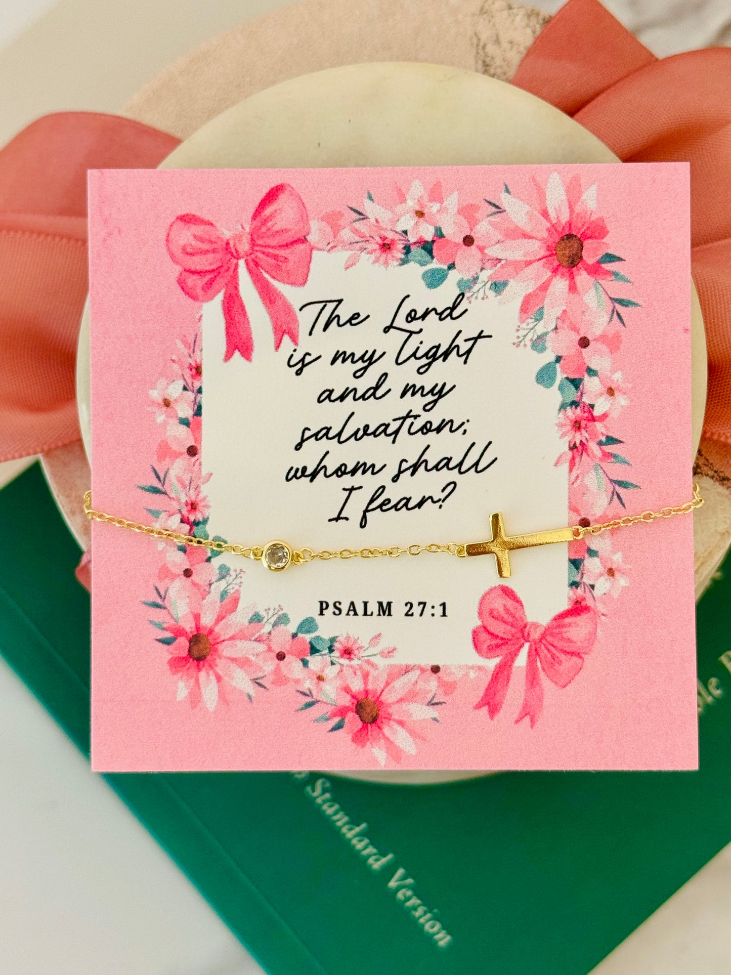 The Lord is my Light & Salvation, gold cross bracelet, non-tarnish, box & ribbon included!