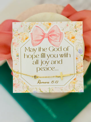 May the God of Hope & Peace Fill your heart, Gold cross Non-Tarnish Bracelet, box & ribbon included!
