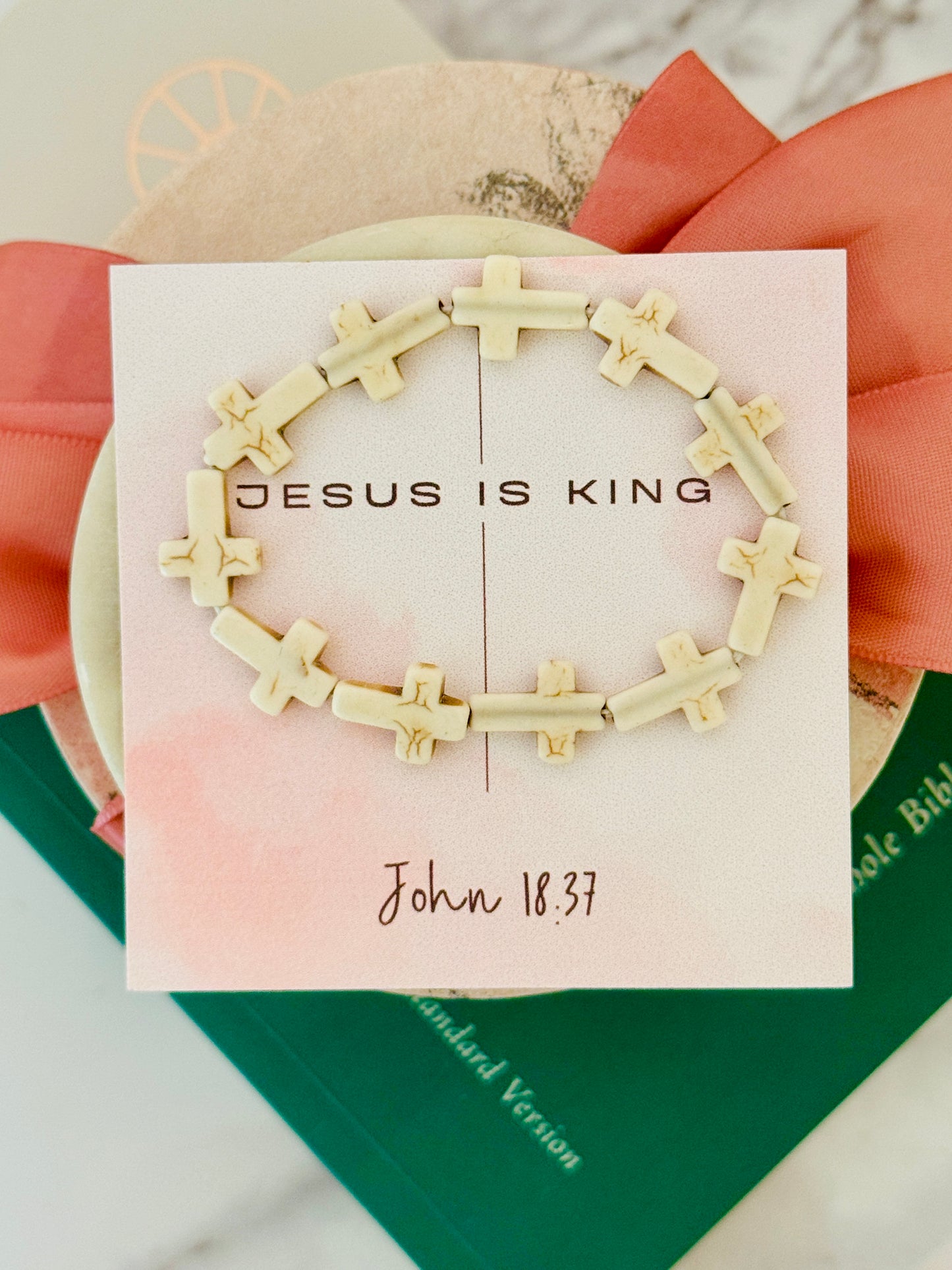 Jesus is King, Marble cross bracelet, box, card & ribbon included!