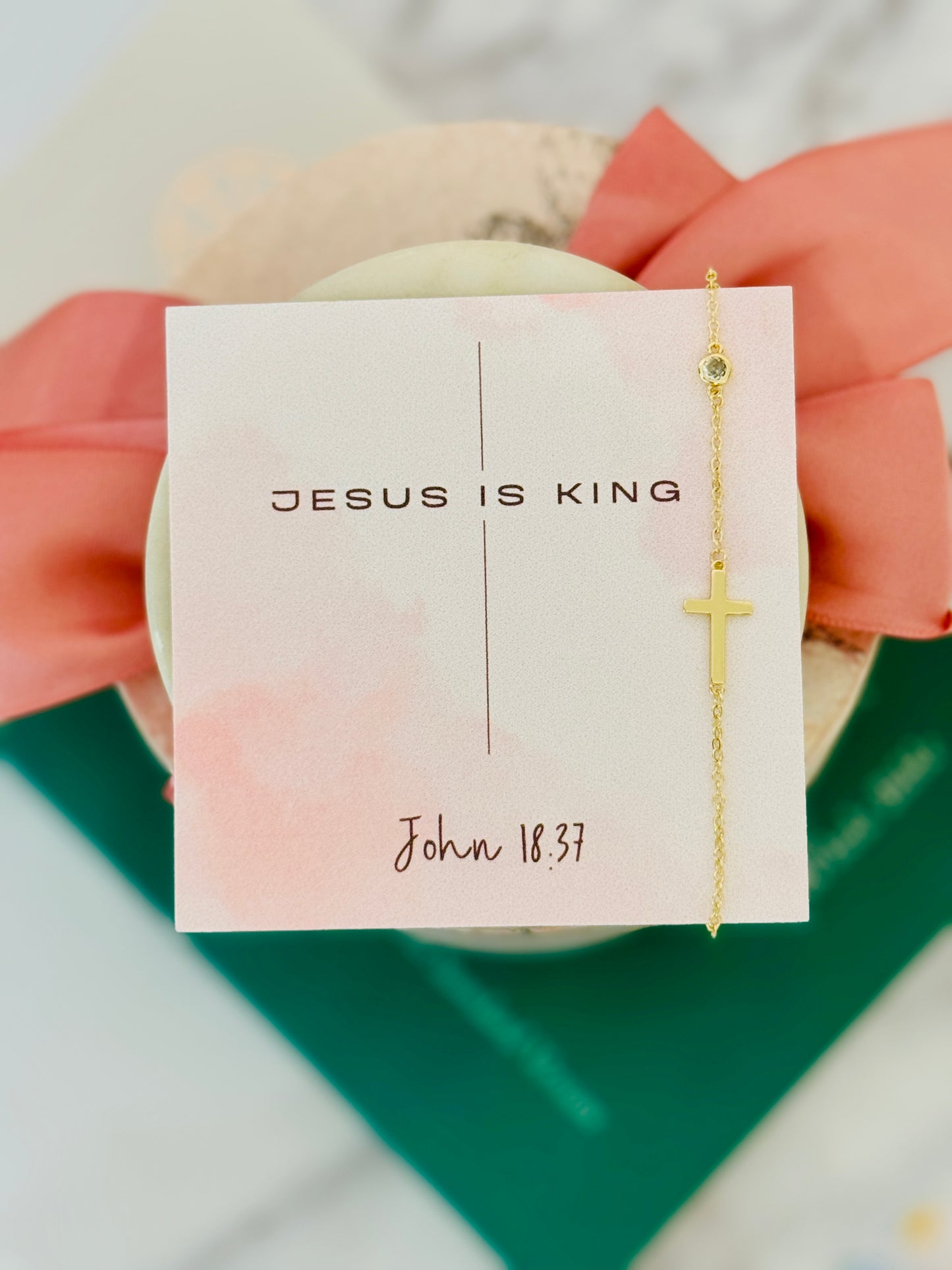 Jesus is King Card with Gold Cross Bracelet, Non-Tarnish, card, box & ribbon included!
