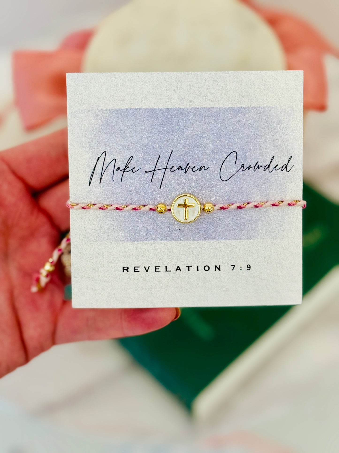 Make Heaven Crowded, Pink & Gold cord cross bracelet, box & ribbon included!