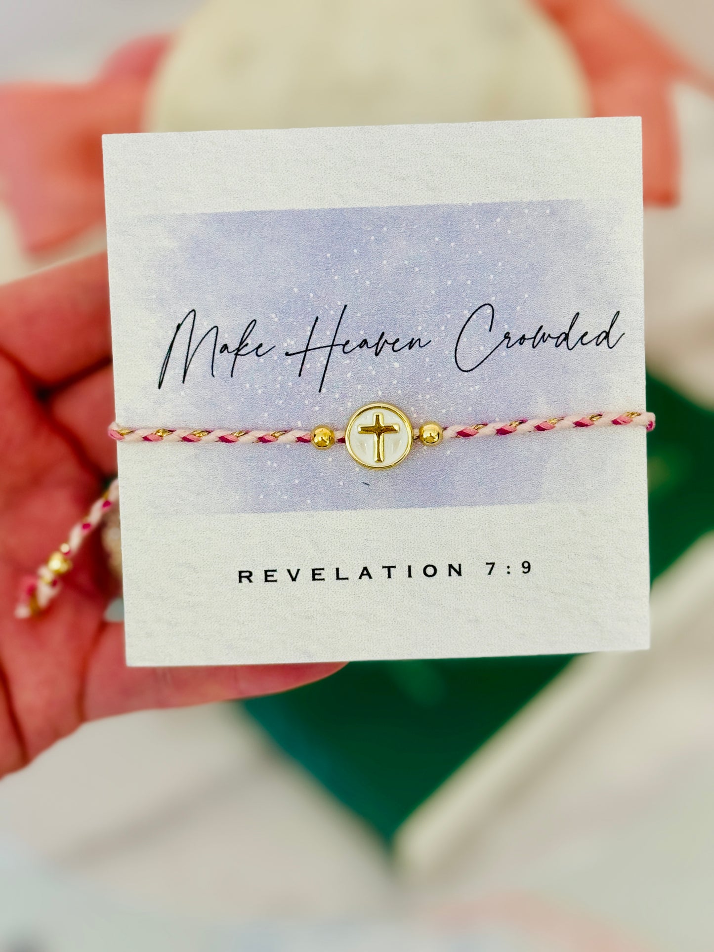 Make Heaven Crowded, Pink & Gold cord cross bracelet, box & ribbon included!