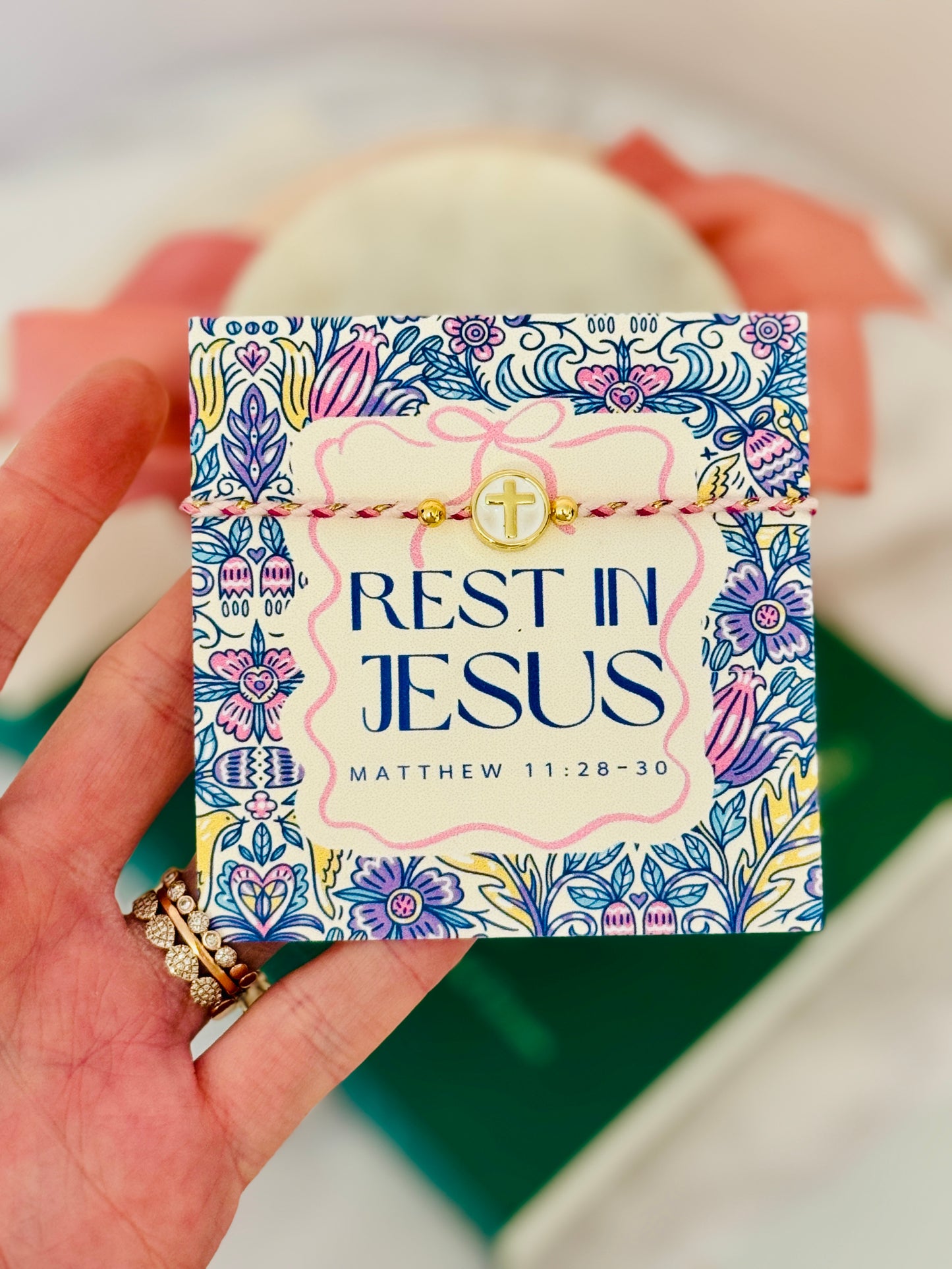 Rest In Jesus, pink & gold rope cross bracelet, adjustable, non-tarnish, card, box & ribbon included!