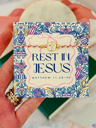 Rest In Jesus, pink & gold rope cross bracelet, adjustable, non-tarnish, card, box & ribbon included!