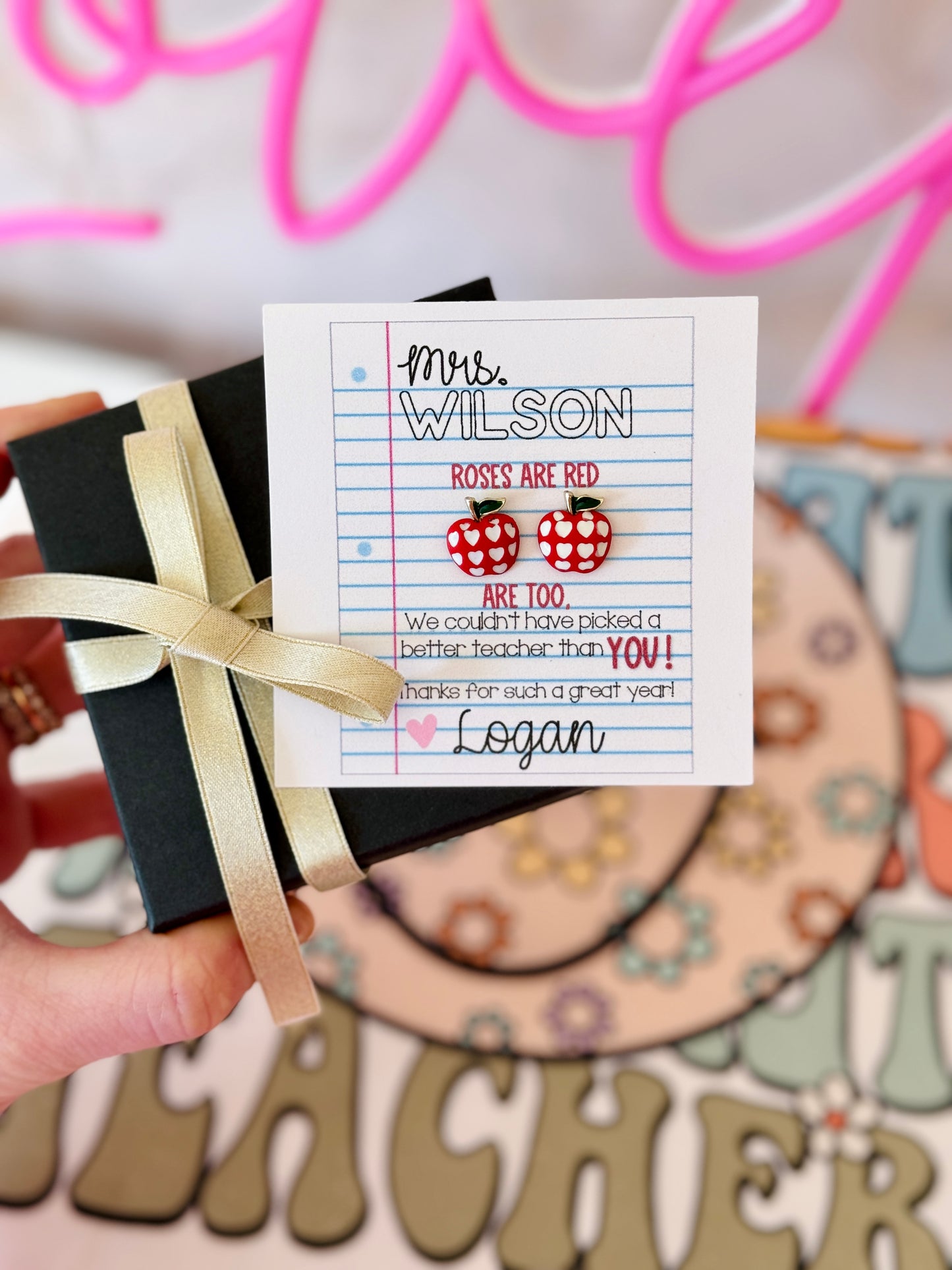 Adorable Apple heart stud earrings, Teacher Appreciation End of year gift, personalized card, box+ ribbon included!