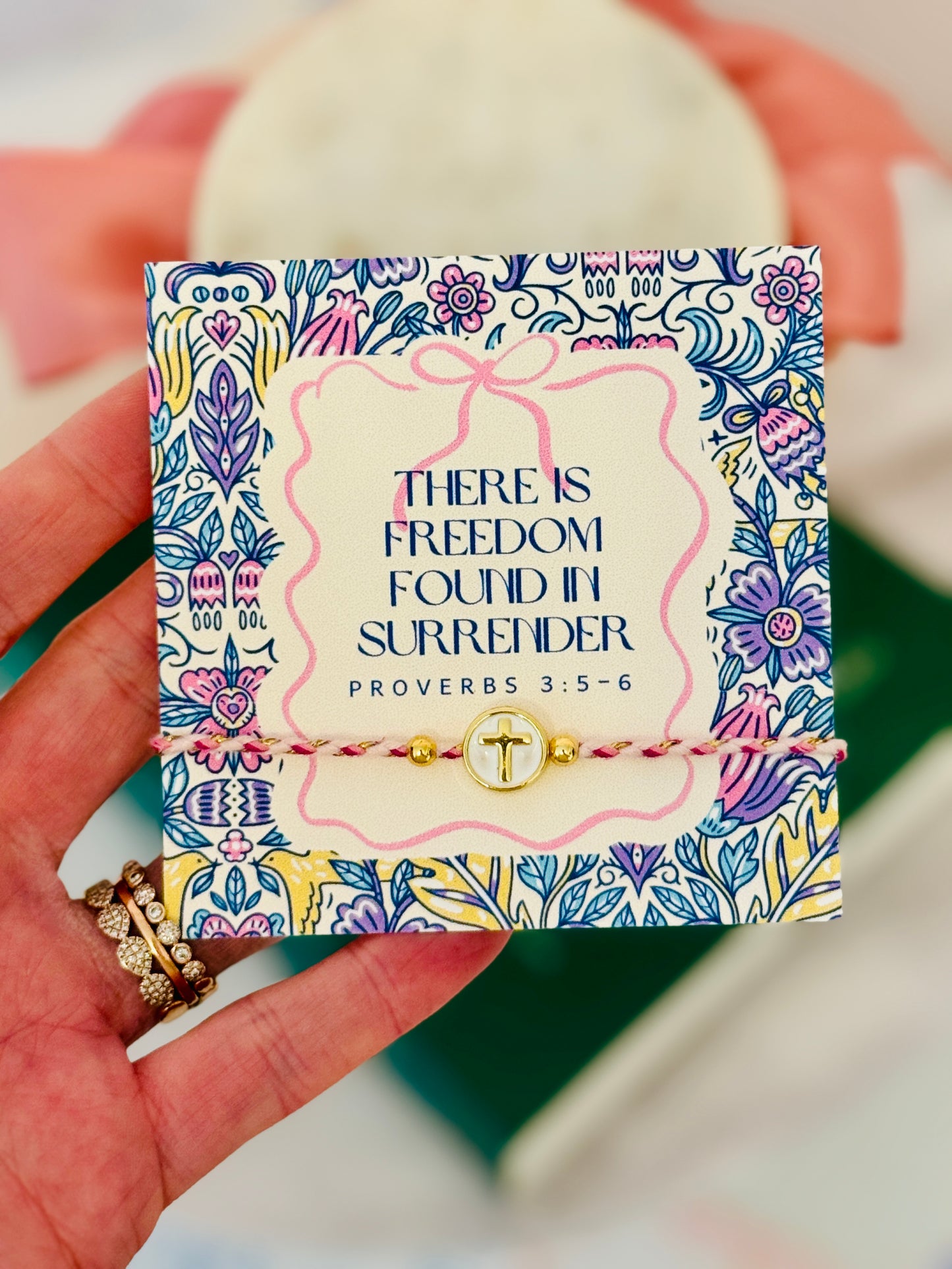 There is Freedom Found in Surrender, Pink & Gold cord cross bracelet, box & ribbon included!
