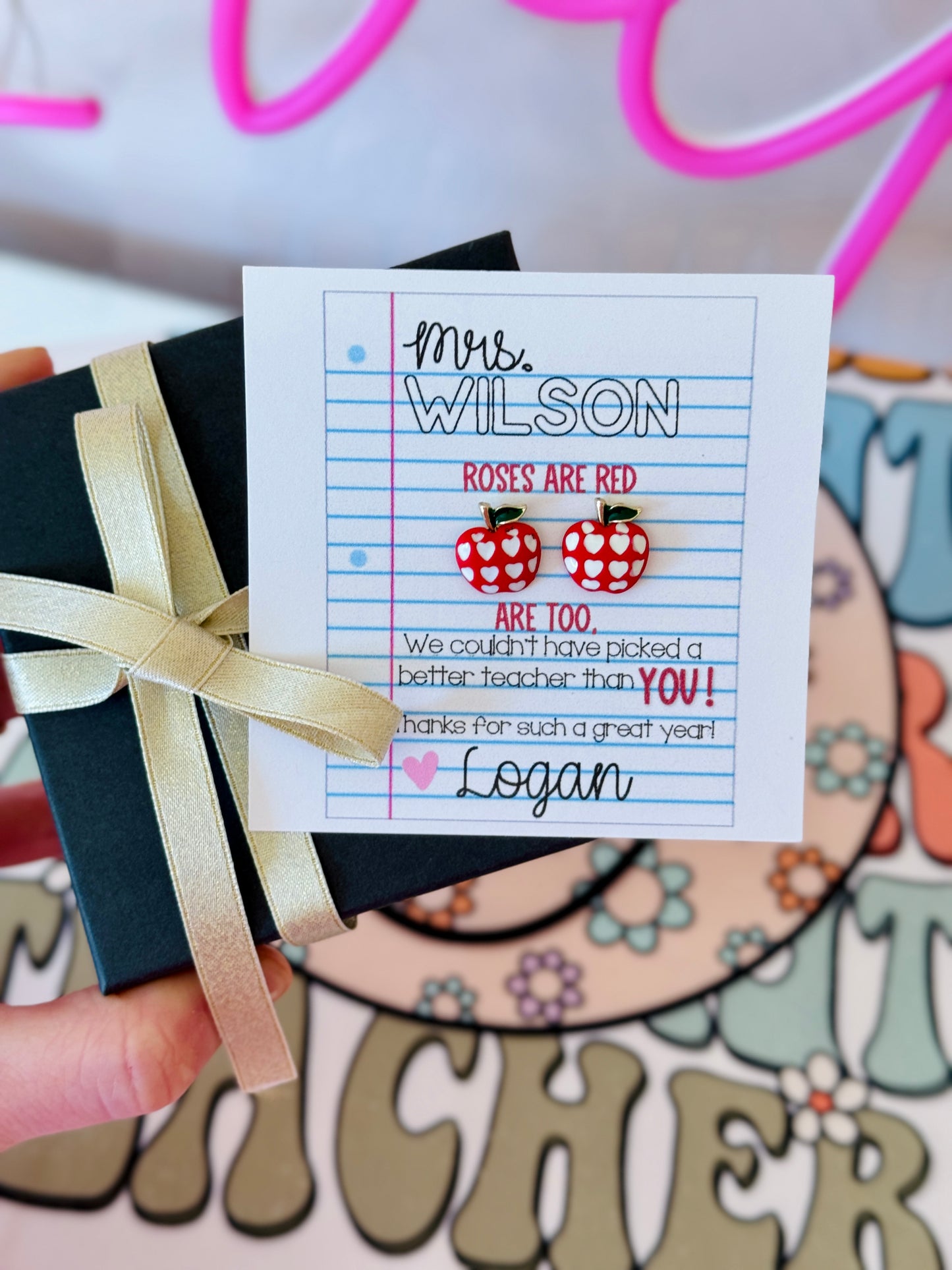 Adorable Apple heart stud earrings, Teacher Appreciation End of year gift, personalized card, box+ ribbon included!