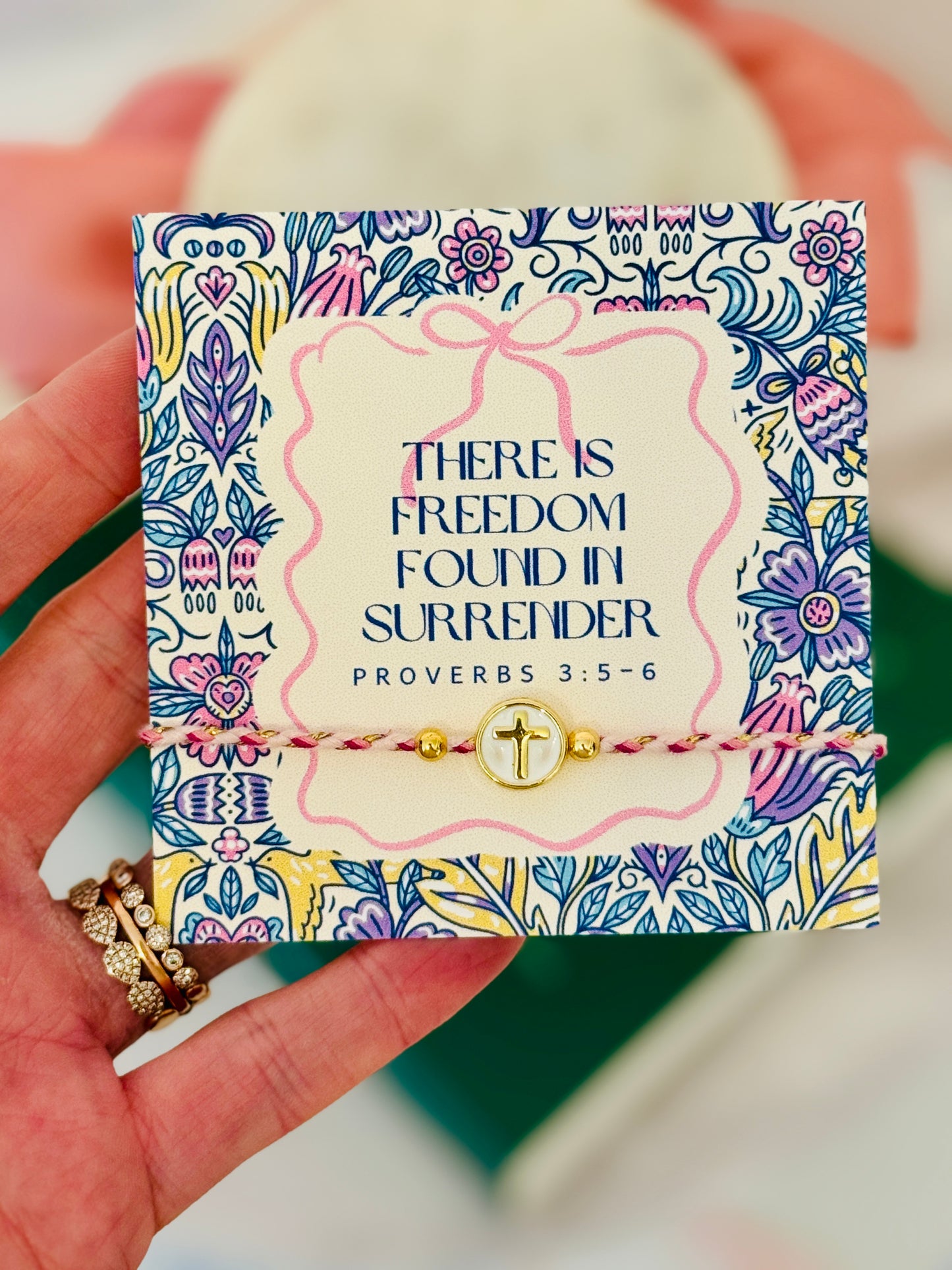 There is Freedom Found in Surrender, Pink & Gold cord cross bracelet, box & ribbon included!