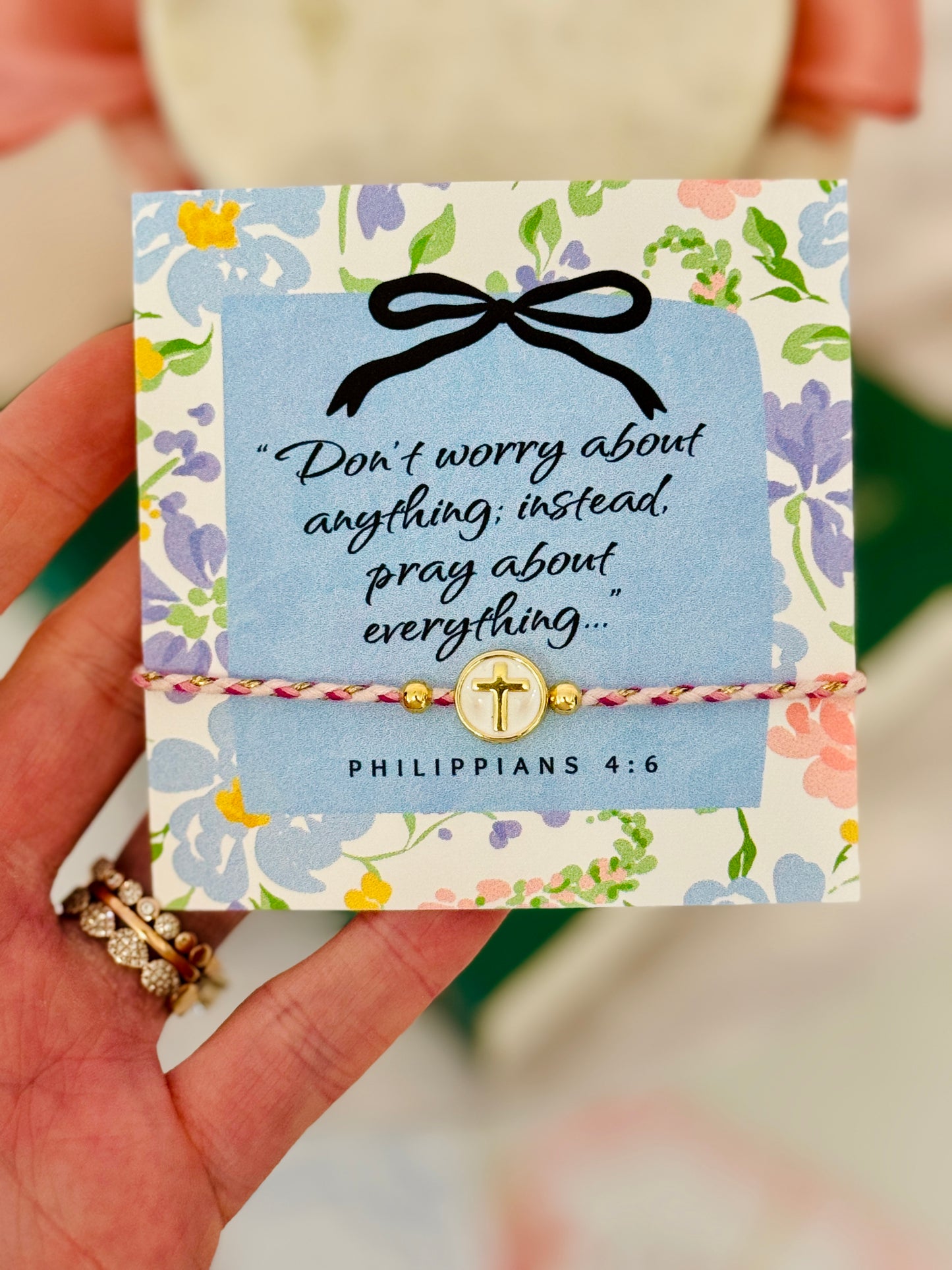 Don't worry about anything, instead pray about everything, Pink & Gold cord cross bracelet, box & ribbon included!