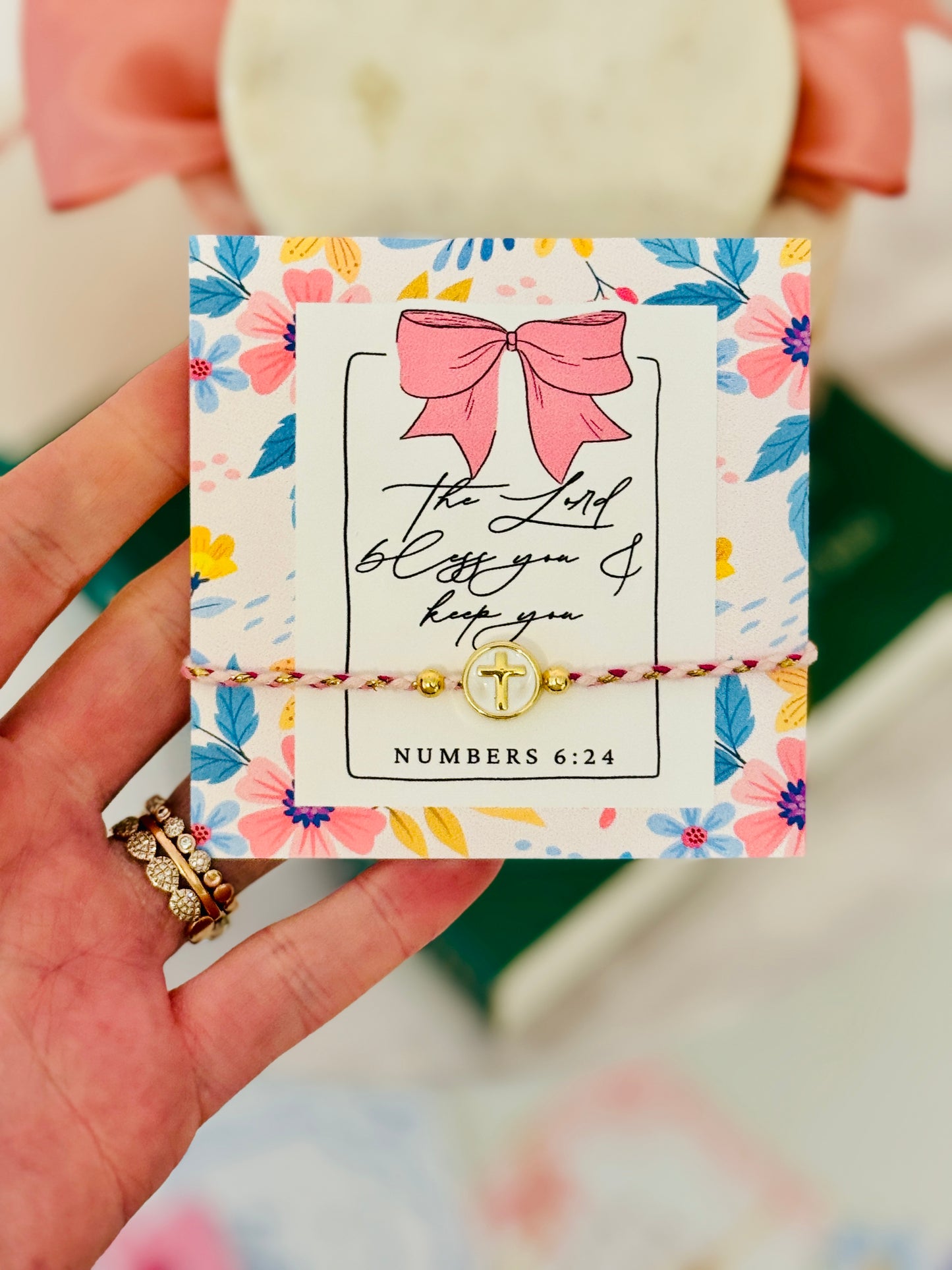 The Lord Bless you & Keep you, Pink & Gold cord cross bracelet, box & ribbon included!
