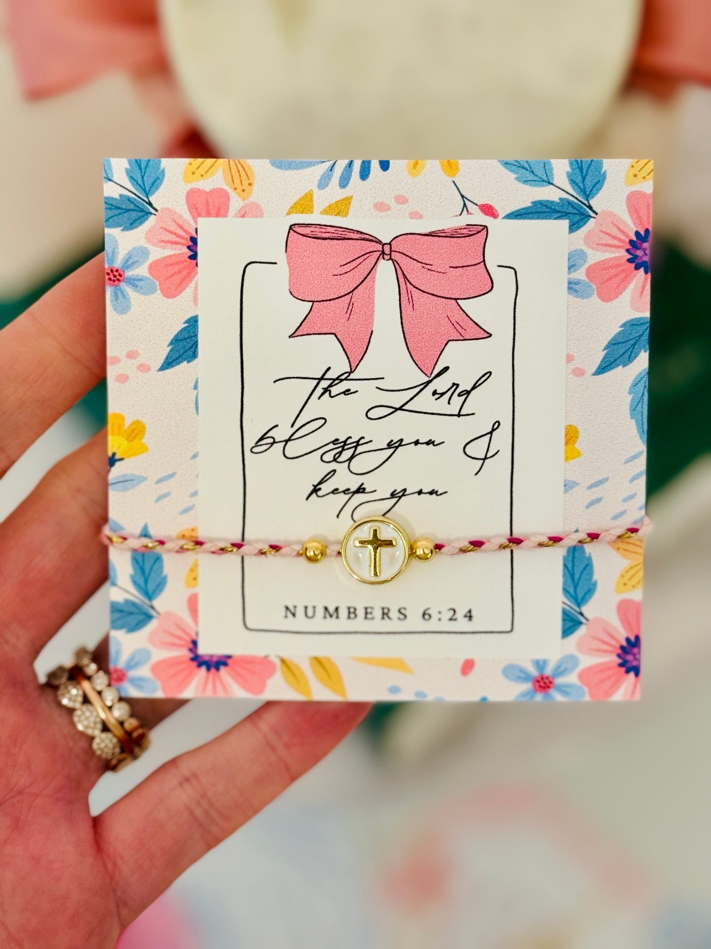 The Lord Bless you & Keep you, Pink & Gold cord cross bracelet, box & ribbon included!