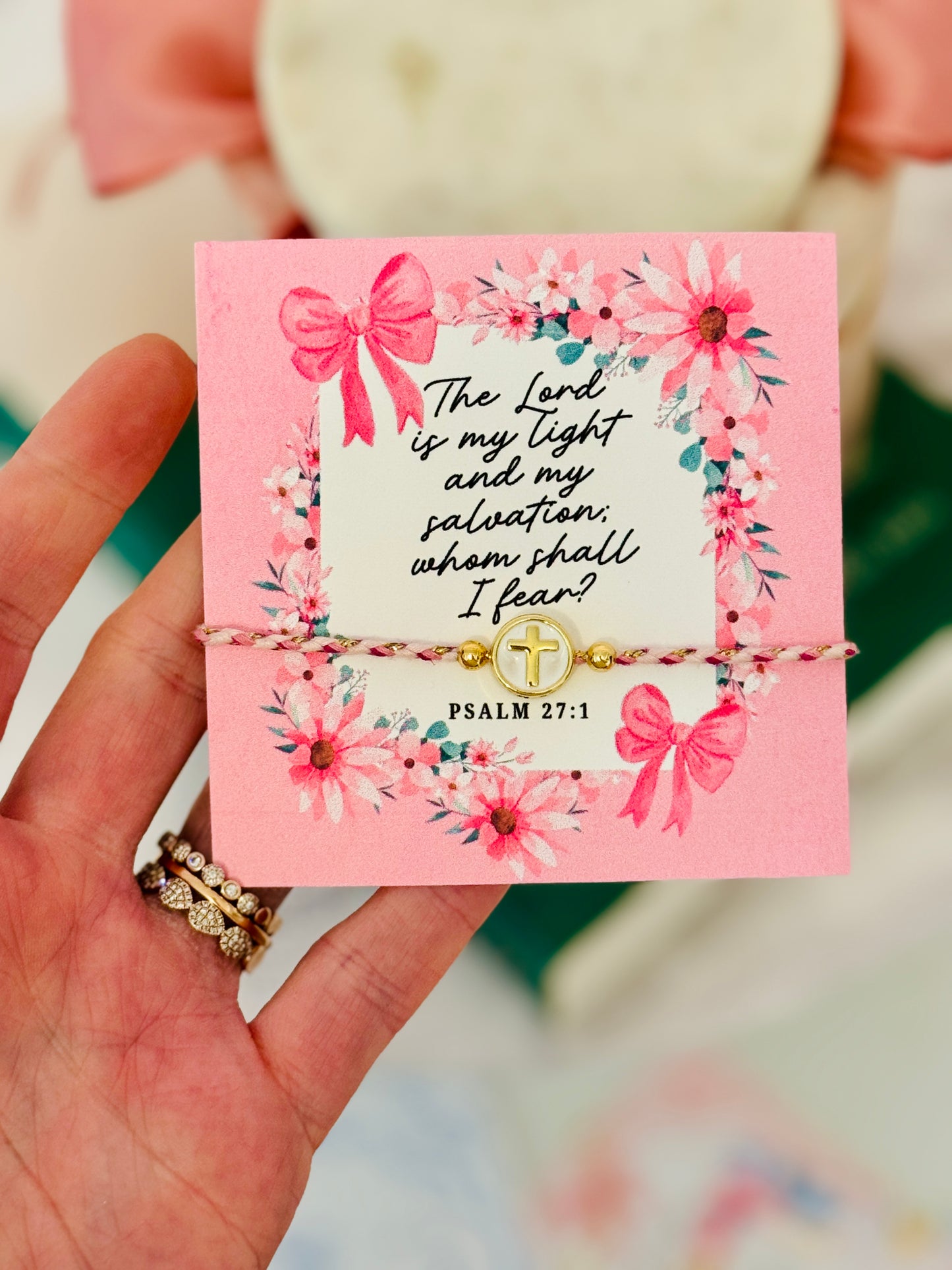 The Lord is my Light & Salvation, Pink & Gold corded cross bracelet, box & ribbon included!