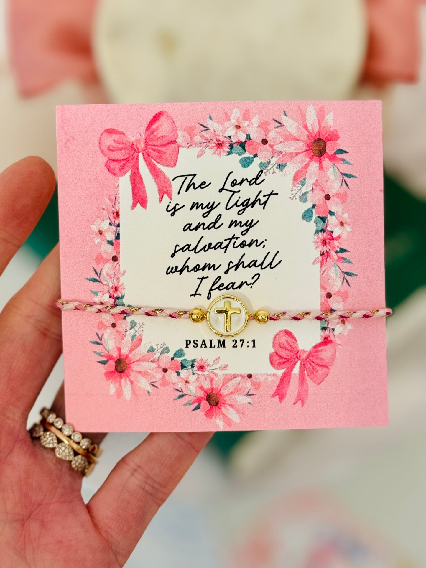 The Lord is my Light & Salvation, Pink & Gold corded cross bracelet, box & ribbon included!