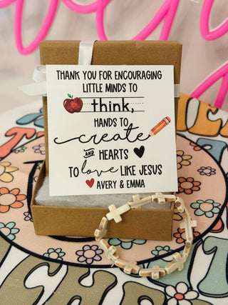 Teacher Thank you Cross Bracelet gift, personalized card, box & ribbon included!