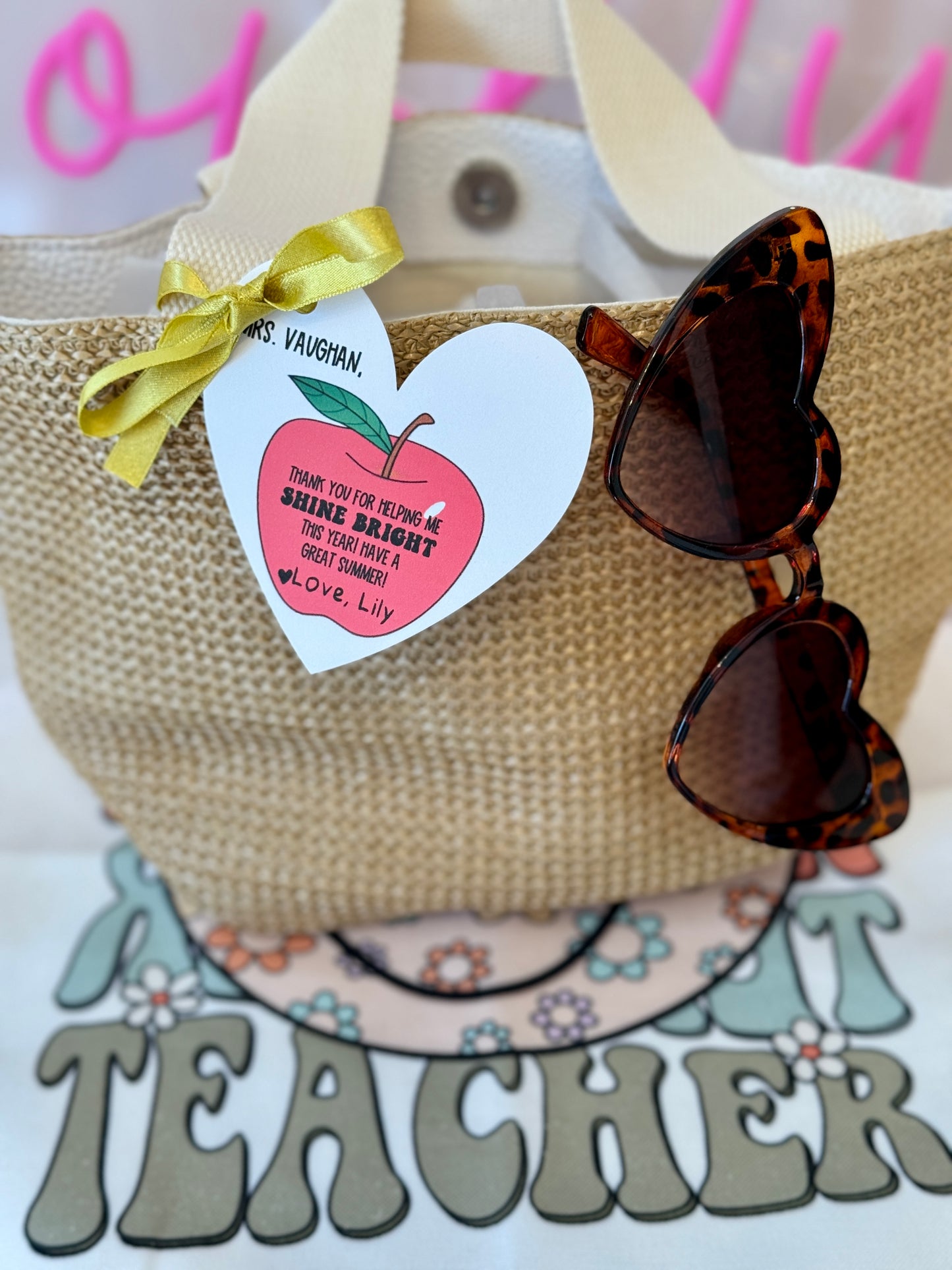 Teacher Summer Bag, sunglasses & heart apple card Thank You Gift