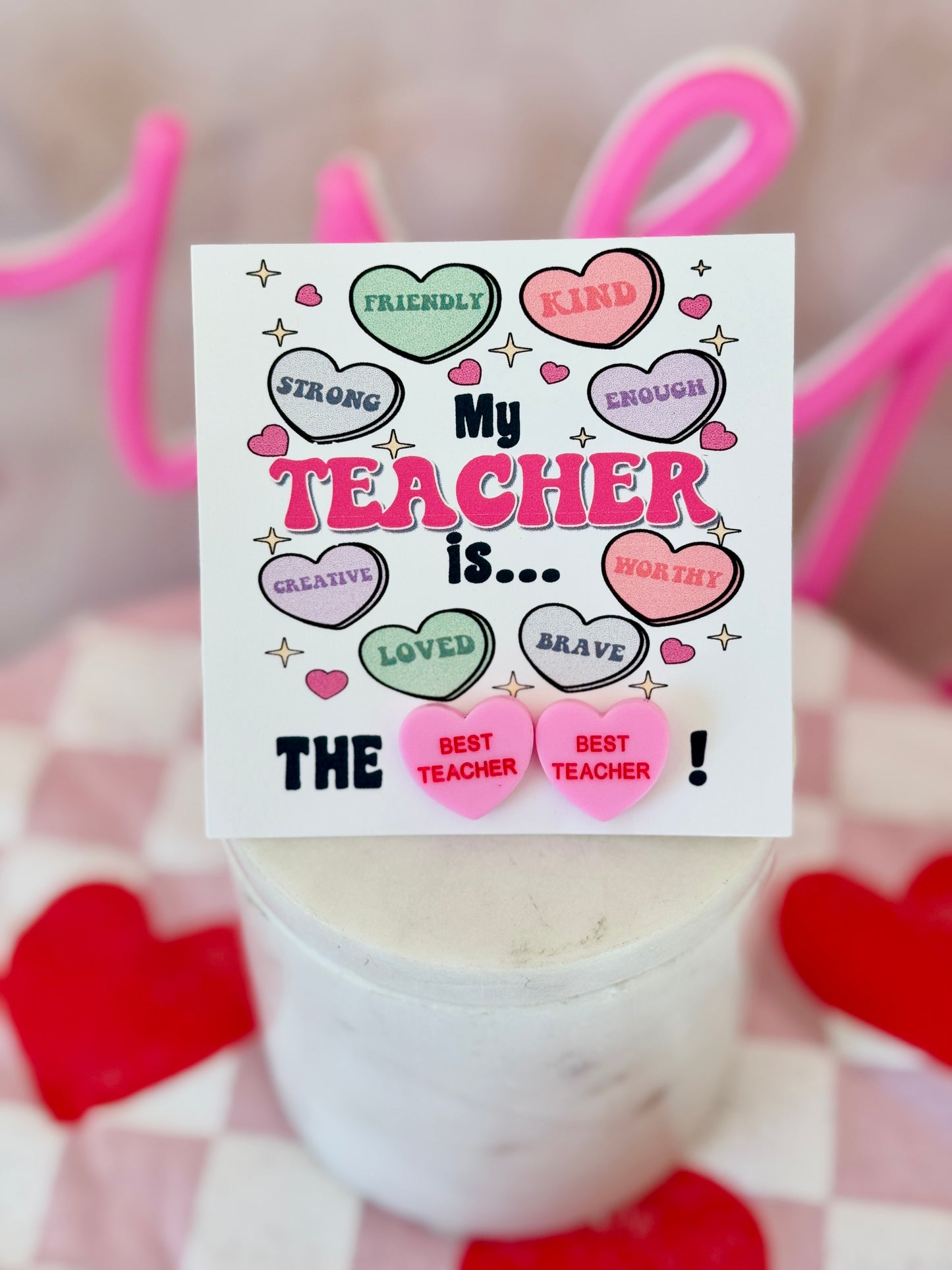 My Teacher is... the BEST TEACHER Pink sweetheart studs! Valentine's Day gift, Thanks for being the best teacher, teacher gift, personalized card, box & ribbon!