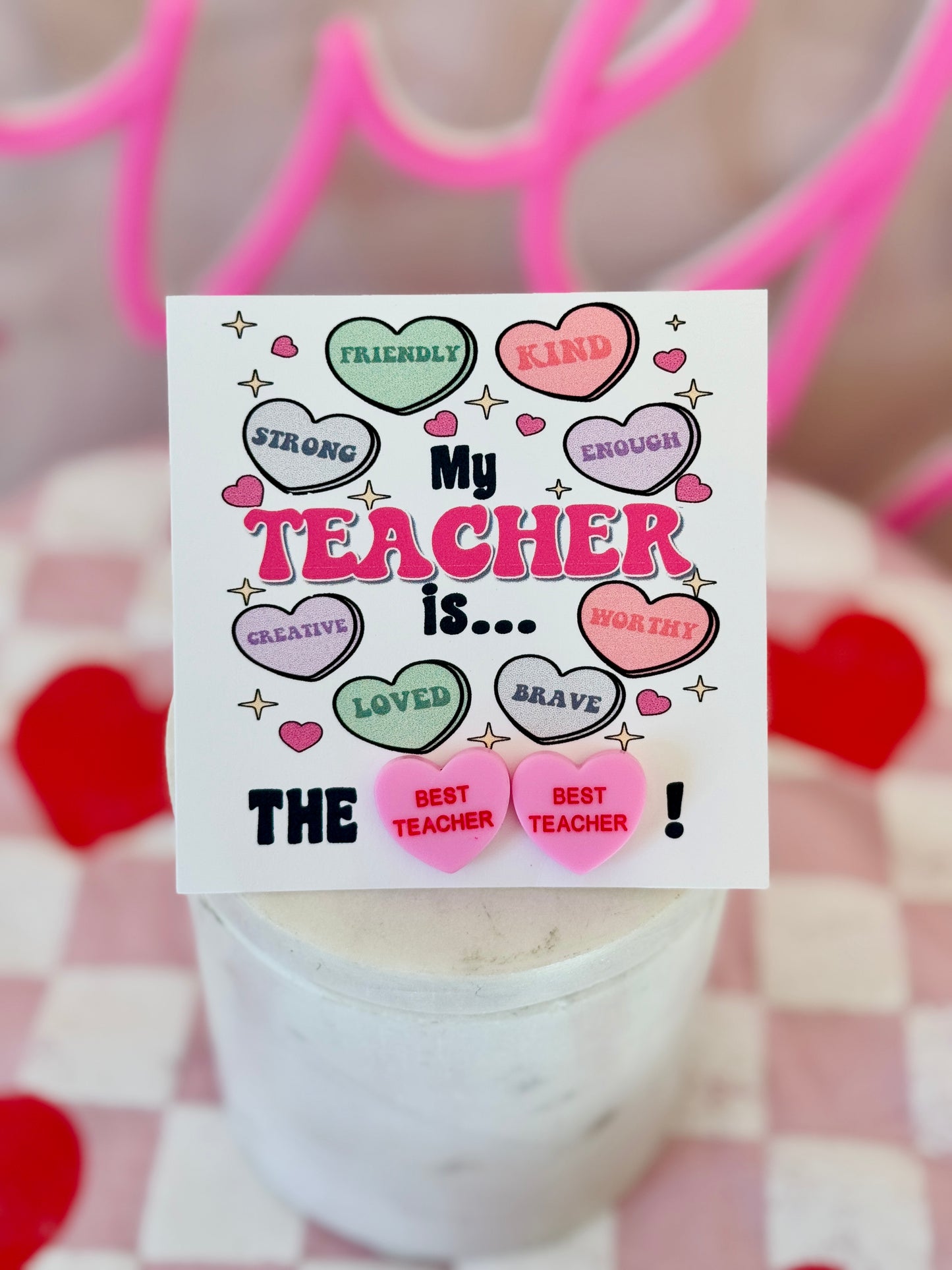 My Teacher is... the BEST TEACHER Pink sweetheart studs! Valentine's Day gift, Thanks for being the best teacher, teacher gift, personalized card, box & ribbon!