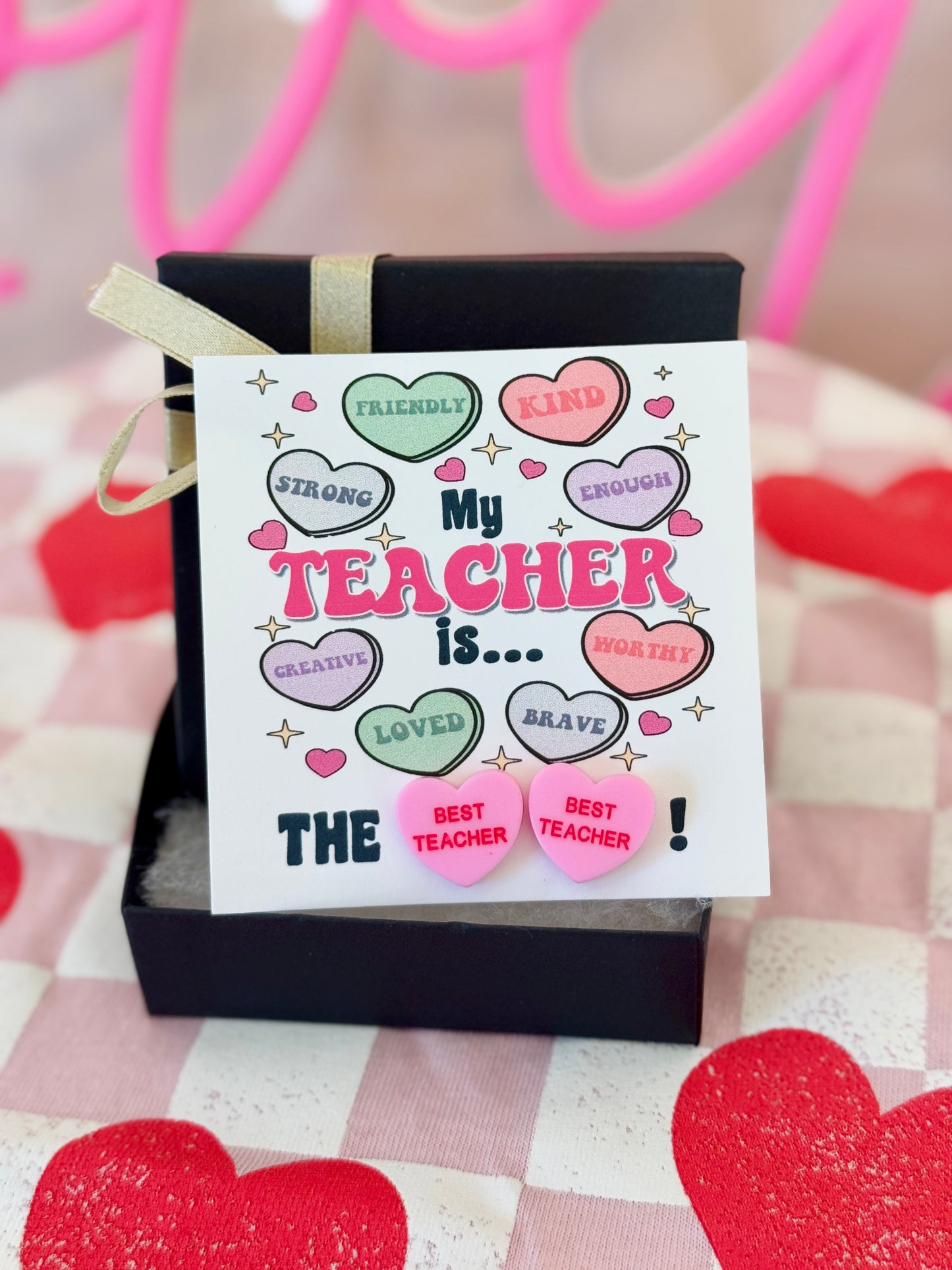 My Teacher is... the BEST TEACHER Pink sweetheart studs! Valentine's Day gift, Thanks for being the best teacher, teacher gift, personalized card, box & ribbon!