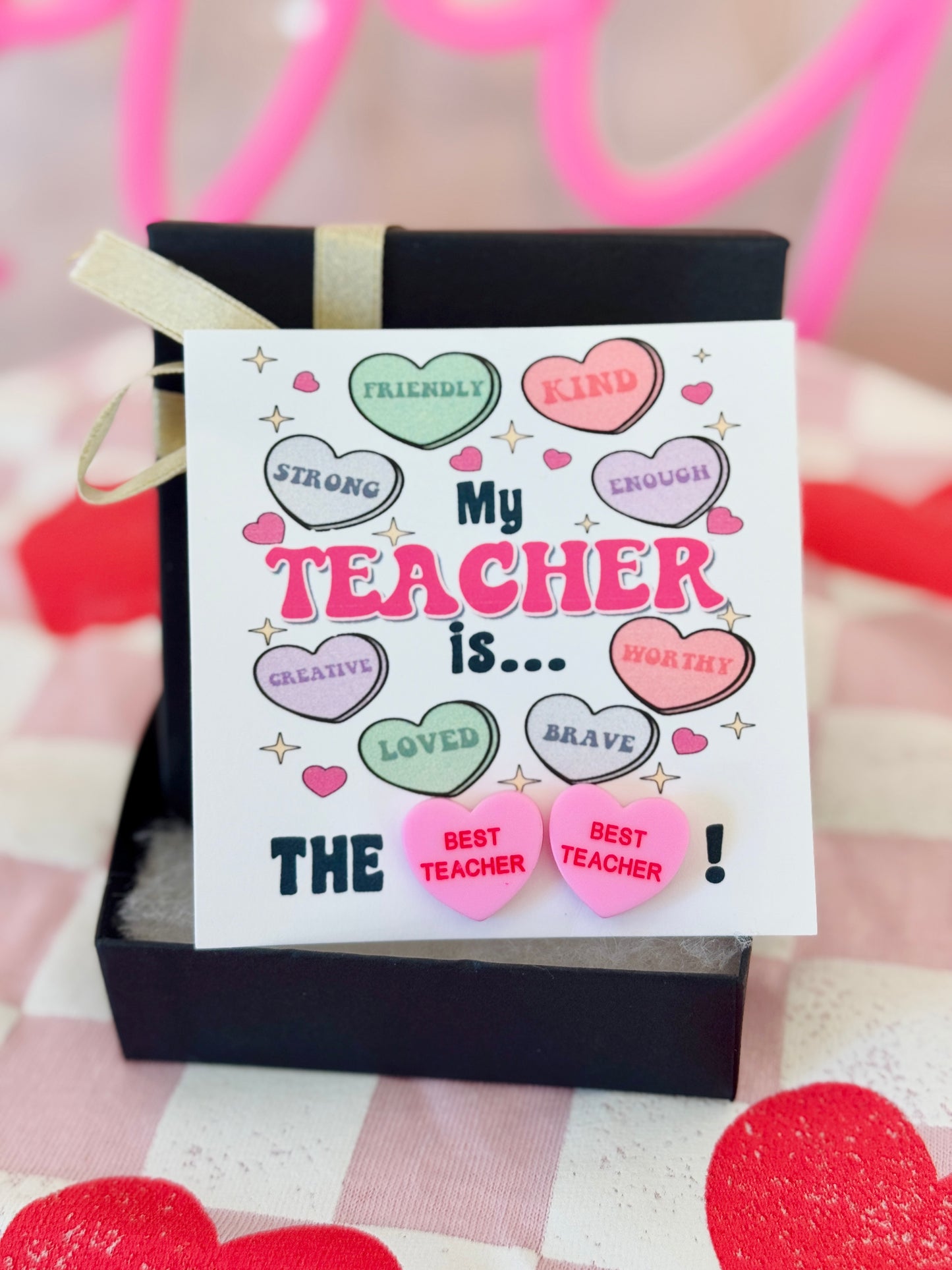 My Teacher is... the BEST TEACHER Pink sweetheart studs! Valentine's Day gift, Thanks for being the best teacher, teacher gift, personalized card, box & ribbon!