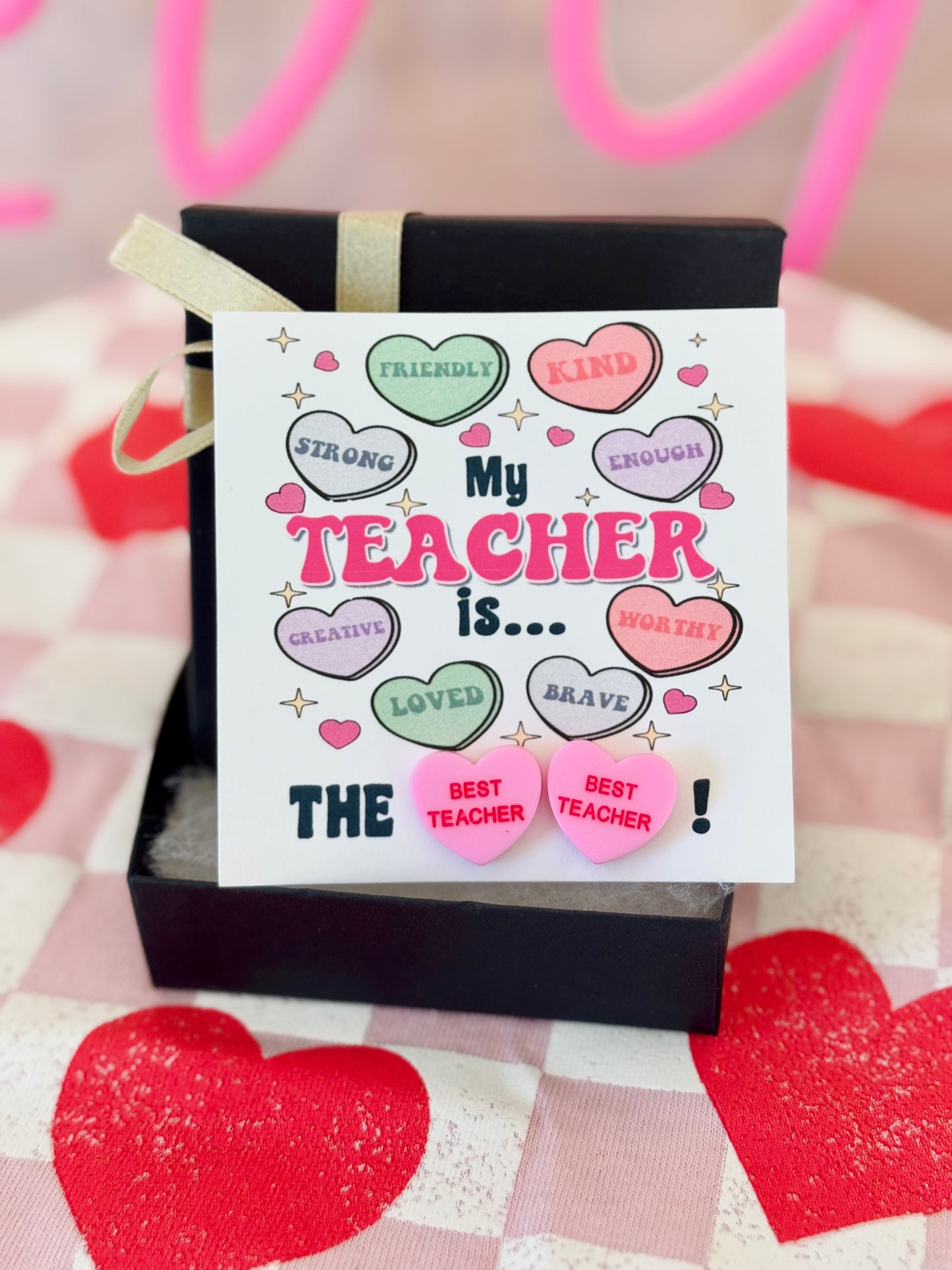 My Teacher is... the BEST TEACHER Pink sweetheart studs! Valentine's Day gift, Thanks for being the best teacher, teacher gift, personalized card, box & ribbon!