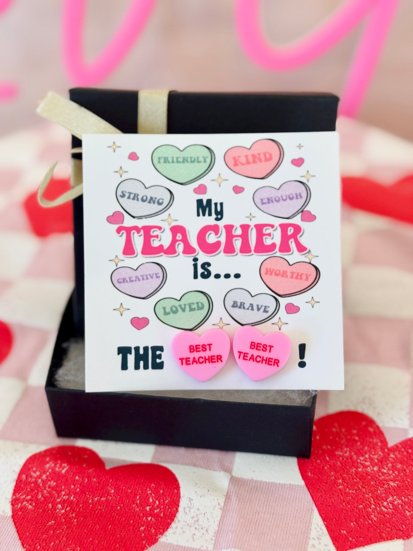 My Teacher is... the BEST TEACHER Pink sweetheart studs! Valentine's Day gift, Thanks for being the best teacher, teacher gift, personalized card, box & ribbon!