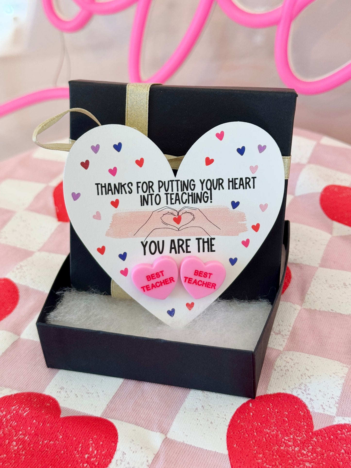 BEST TEACHER Pink sweetheart studs! Valentine's Day gift, Thanks for being the best teacher, teacher gift, personalized card, box & ribbon!