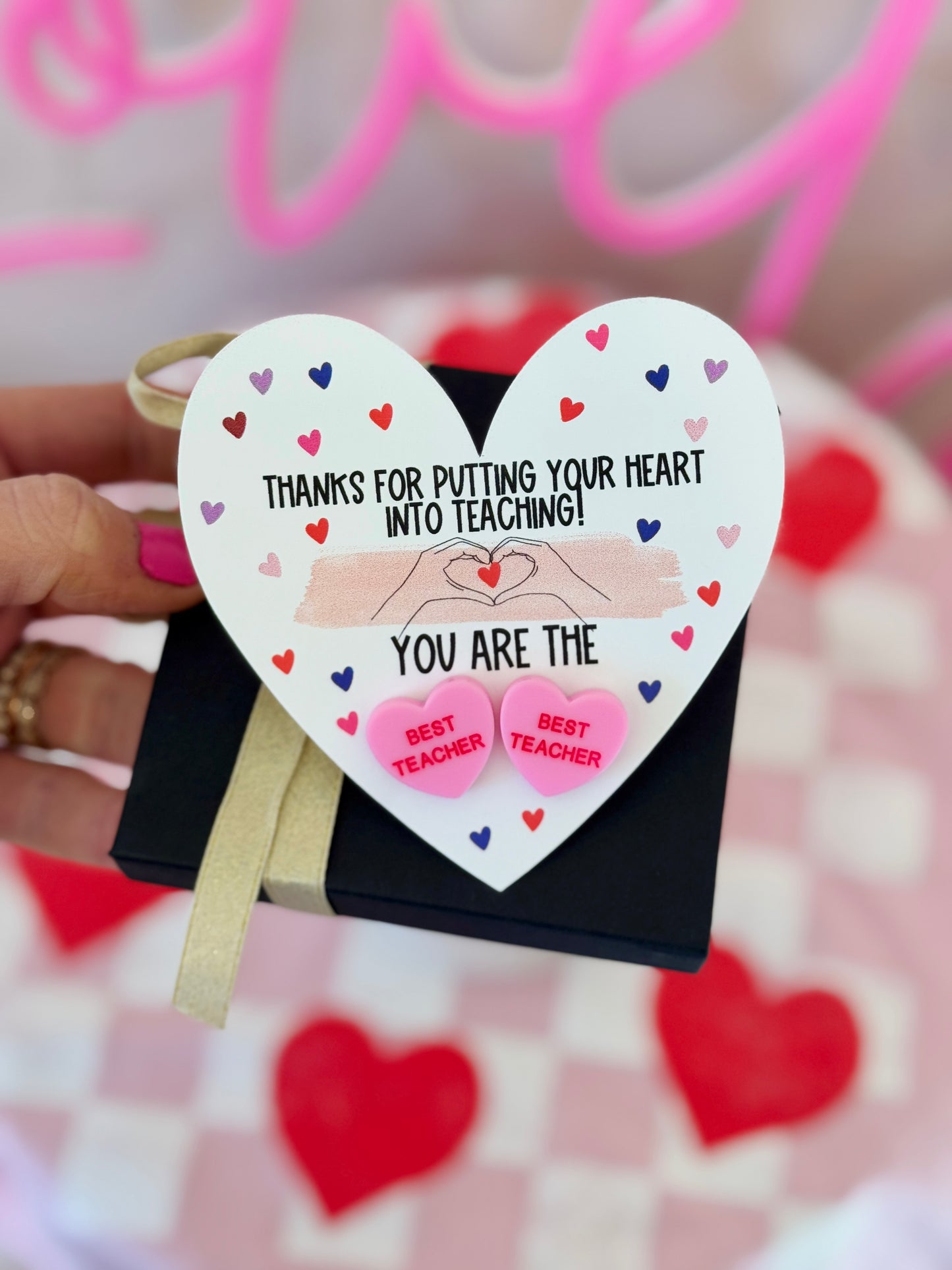 BEST TEACHER Pink sweetheart studs! Valentine's Day gift, Thanks for being the best teacher, teacher gift, personalized card, box & ribbon!