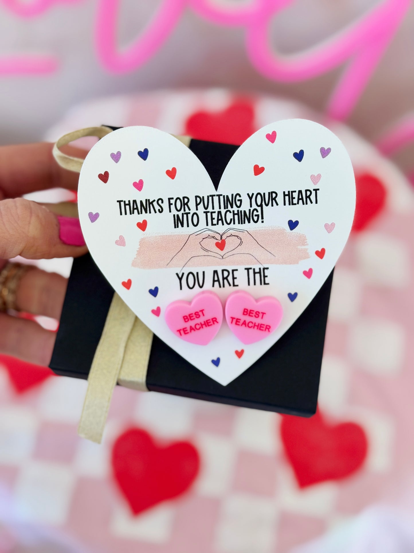 BEST TEACHER Pink sweetheart studs! Valentine's Day gift, Thanks for being the best teacher, teacher gift, personalized card, box & ribbon!