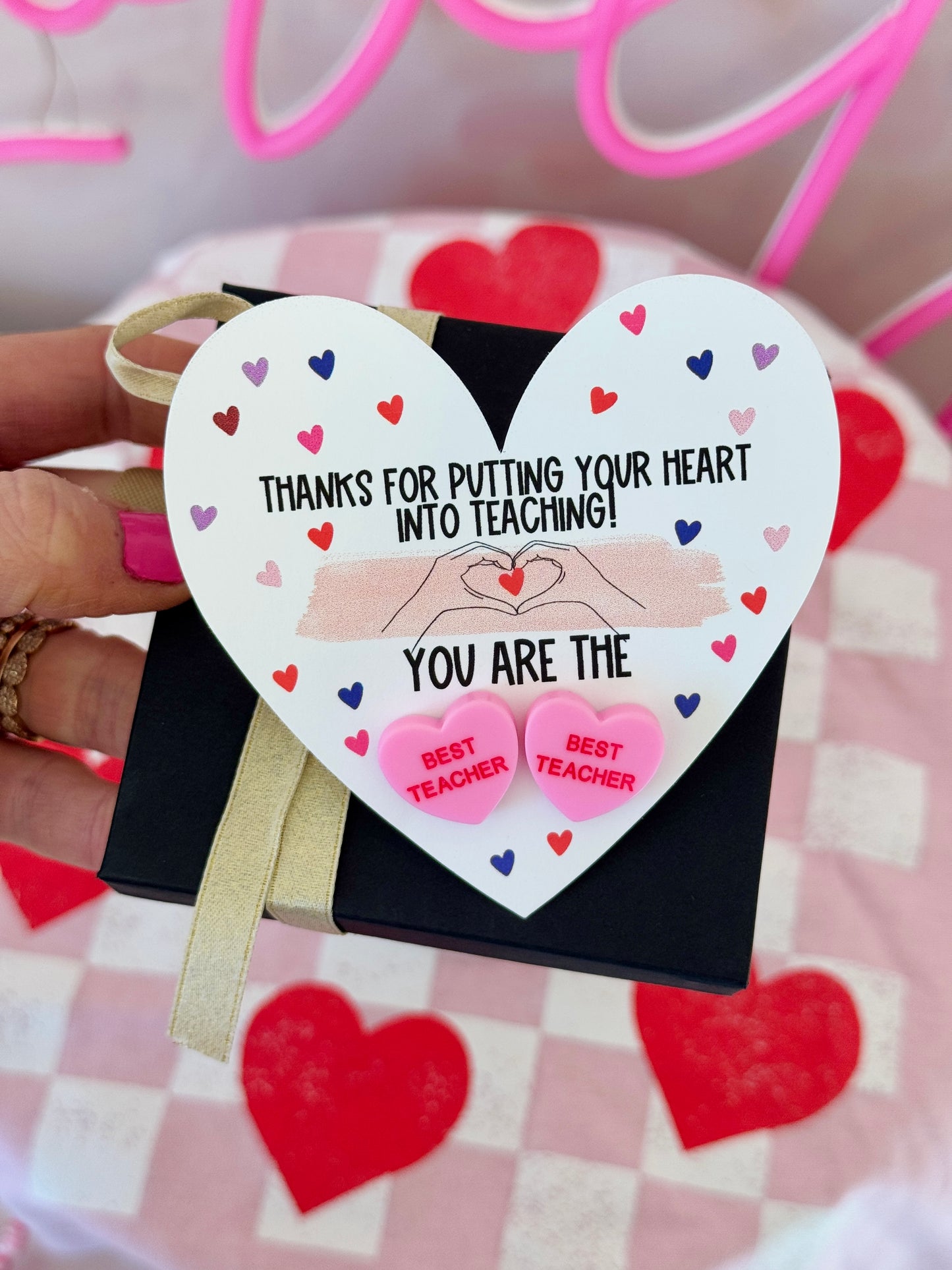 BEST TEACHER Pink sweetheart studs! Valentine's Day gift, Thanks for being the best teacher, teacher gift, personalized card, box & ribbon!