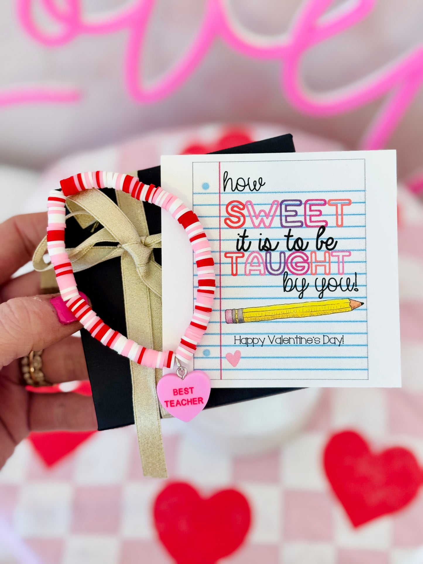 BEST TEACHER Sweetheart charm bracelet, Valentine's Day gift, How Sweet it is to be taught by YOU card, box & ribbon!