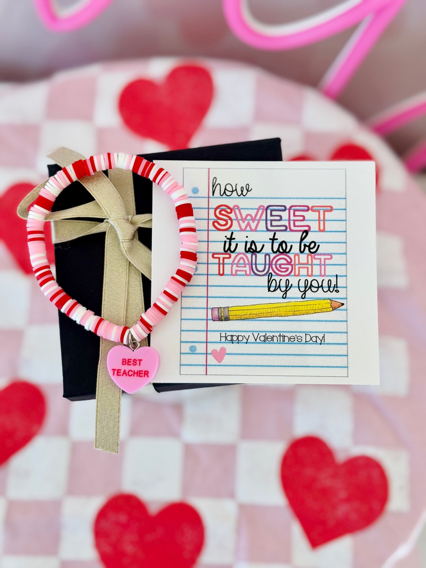 BEST TEACHER Sweetheart charm bracelet, Valentine's Day gift, How Sweet it is to be taught by YOU card, box & ribbon!