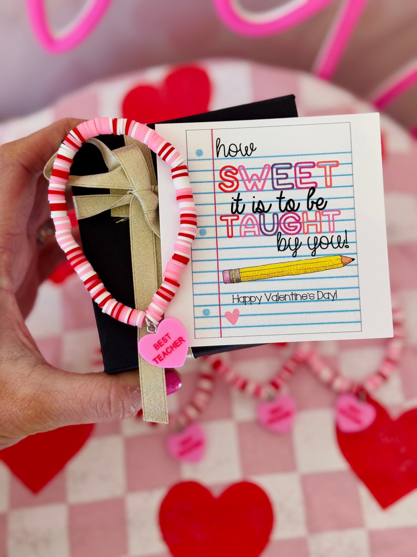 BEST TEACHER Sweetheart charm bracelet, Valentine's Day gift, How Sweet it is to be taught by YOU card, box & ribbon!